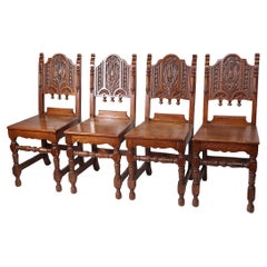 Antique Set of Four English Carved Oak Cafe Dining Chairs in the Jacobean Style c 1920's