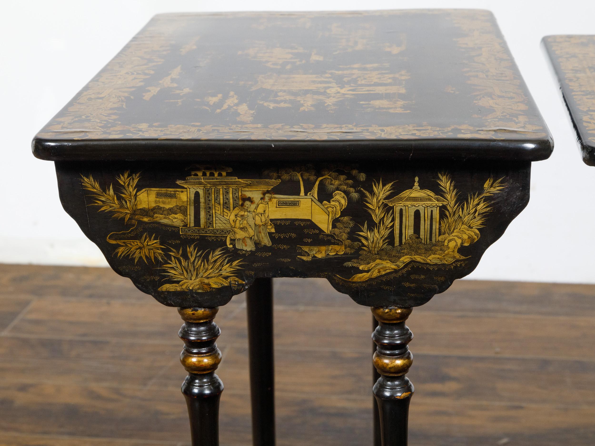 Set of Four English Chinoiserie 19th Century Black and Gold Nesting Tables  For Sale 5