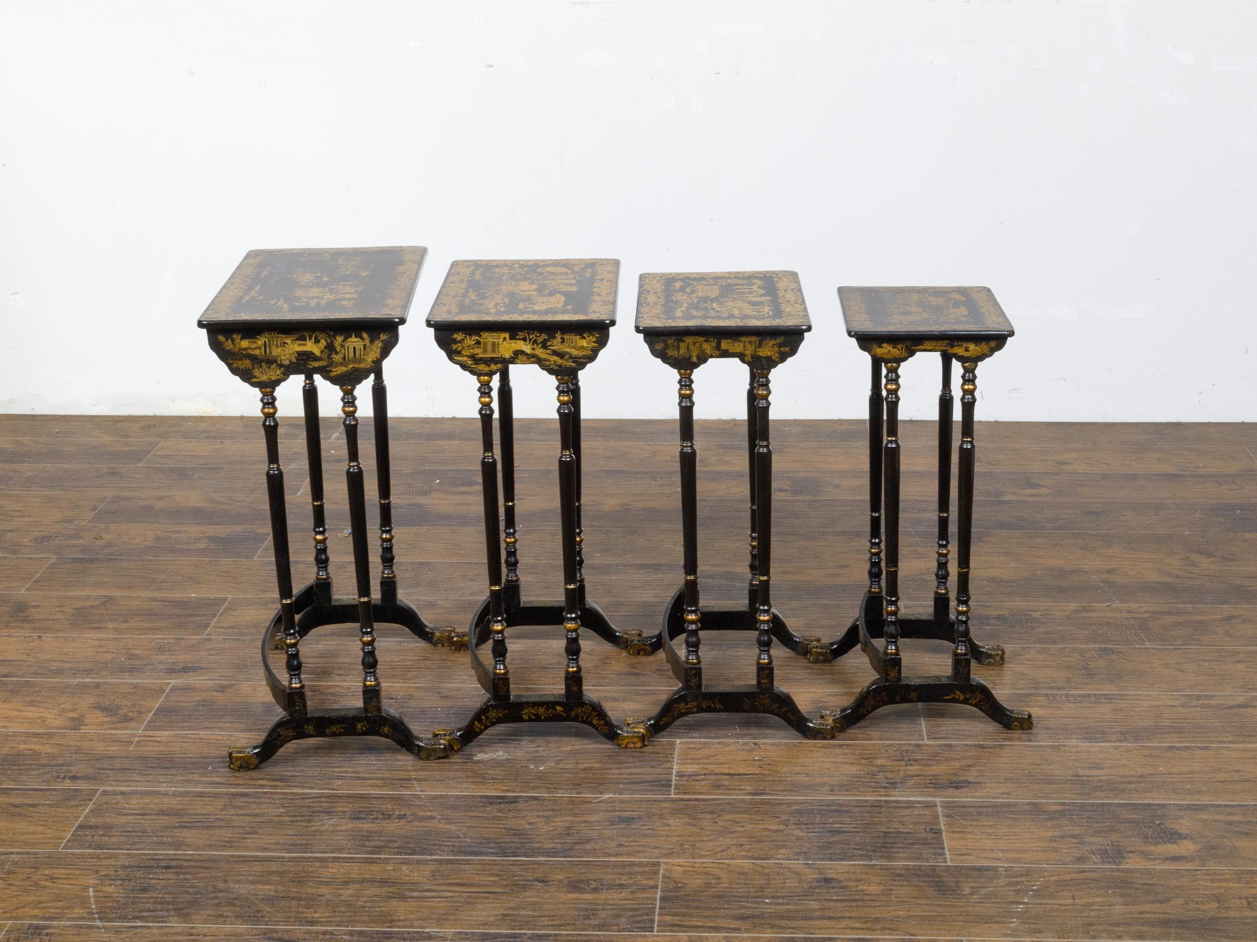 Set of Four English Chinoiserie 19th Century Black and Gold Nesting Tables  For Sale 6