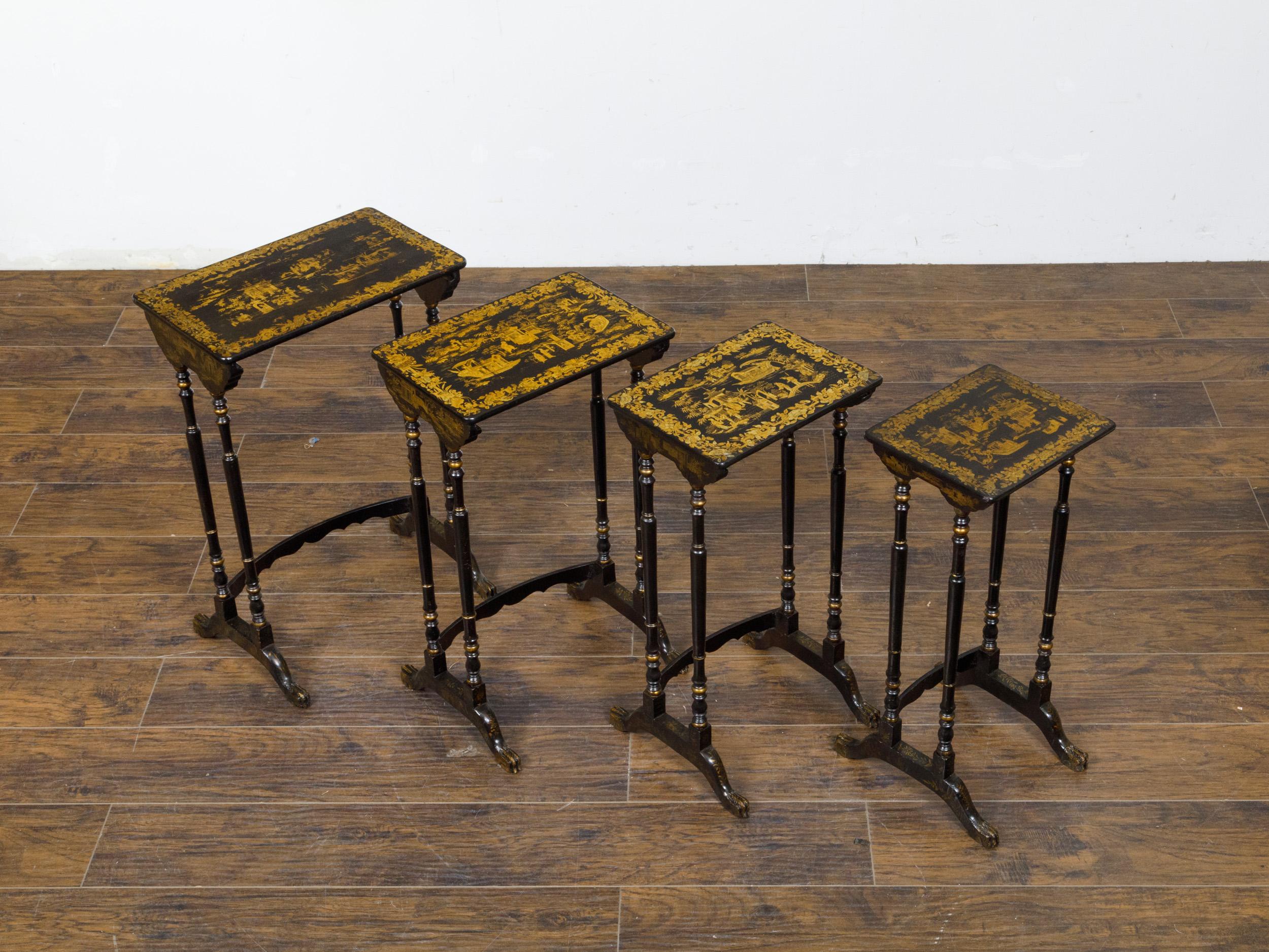 Set of Four English Chinoiserie 19th Century Black and Gold Nesting Tables  For Sale 7