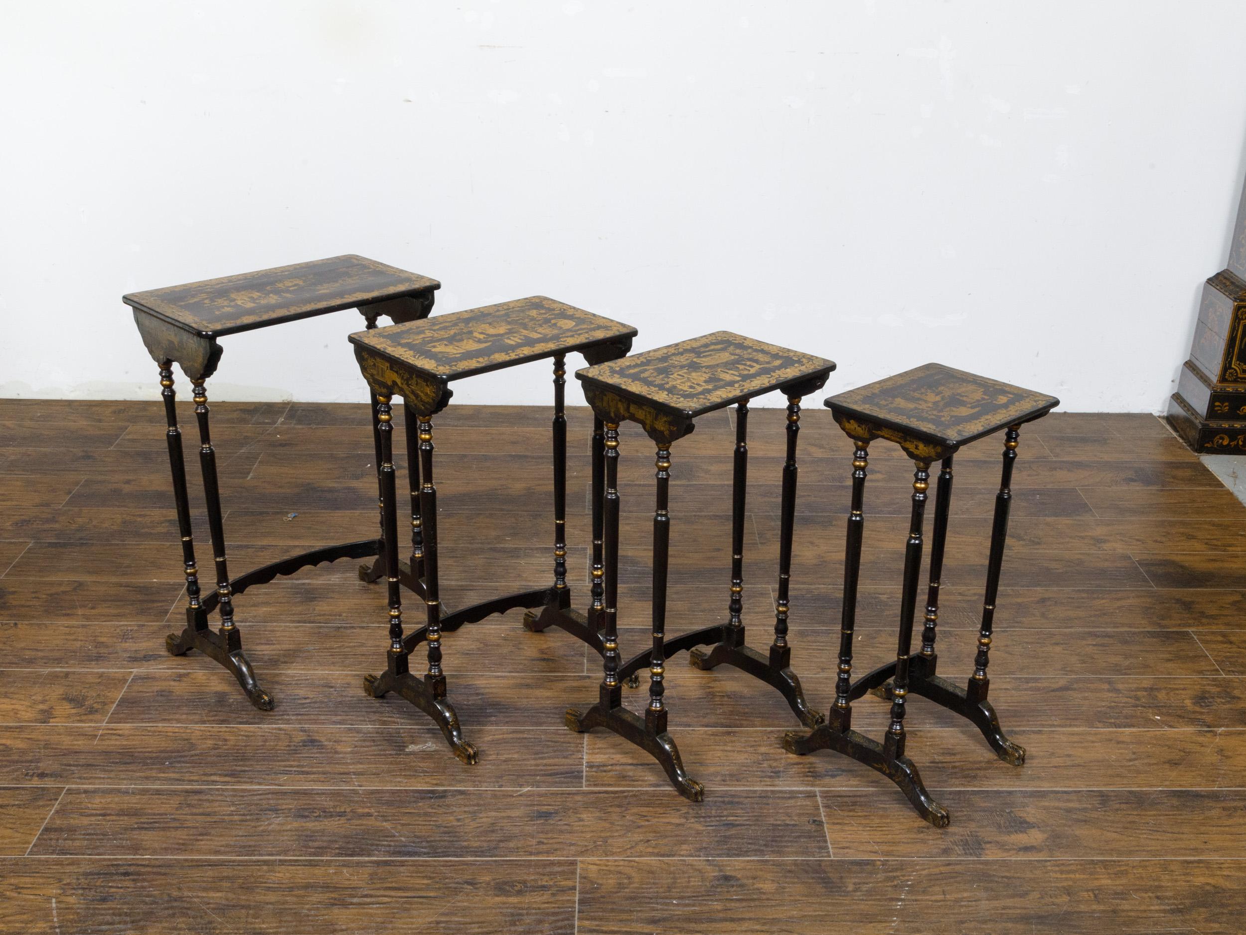 Set of Four English Chinoiserie 19th Century Black and Gold Nesting Tables  For Sale 8
