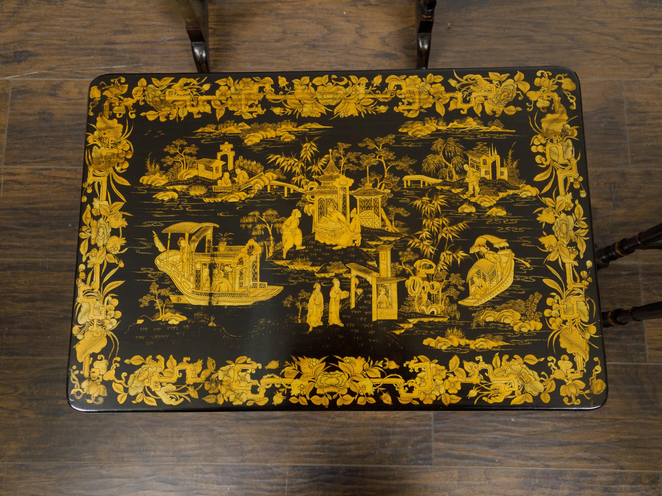 Set of Four English Chinoiserie 19th Century Black and Gold Nesting Tables  For Sale 9