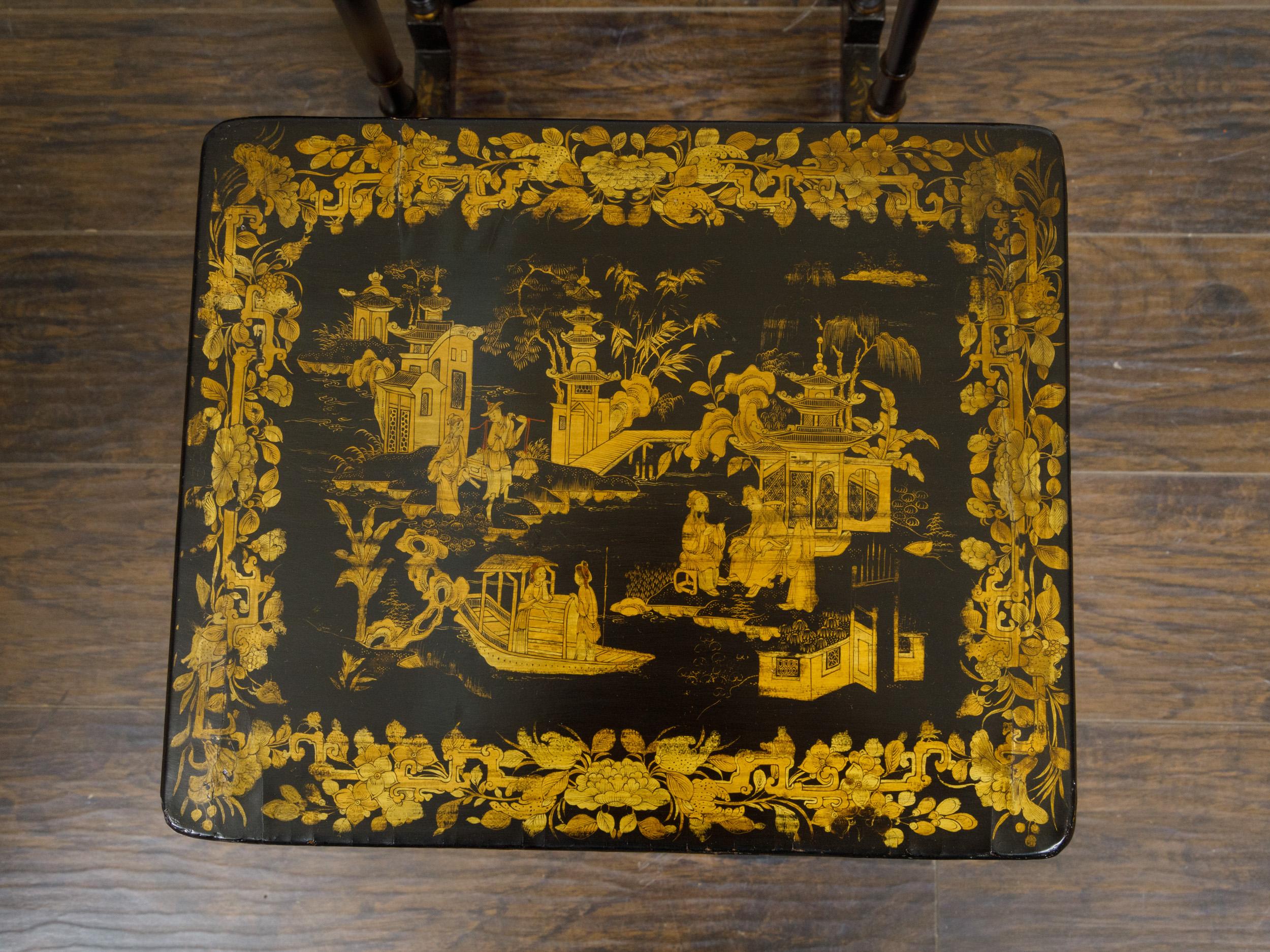 Set of Four English Chinoiserie 19th Century Black and Gold Nesting Tables  For Sale 11