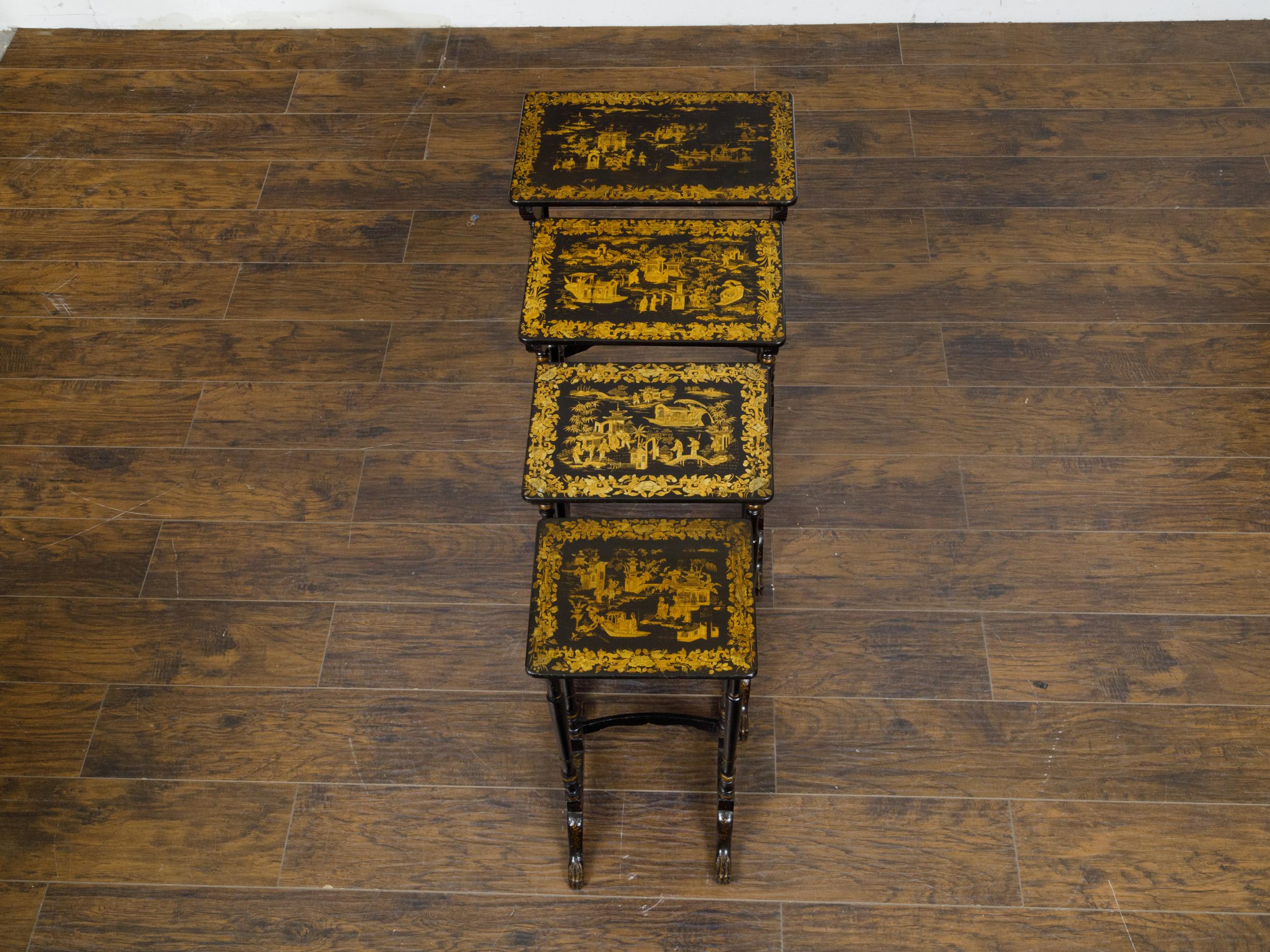 Set of Four English Chinoiserie 19th Century Black and Gold Nesting Tables  For Sale 12
