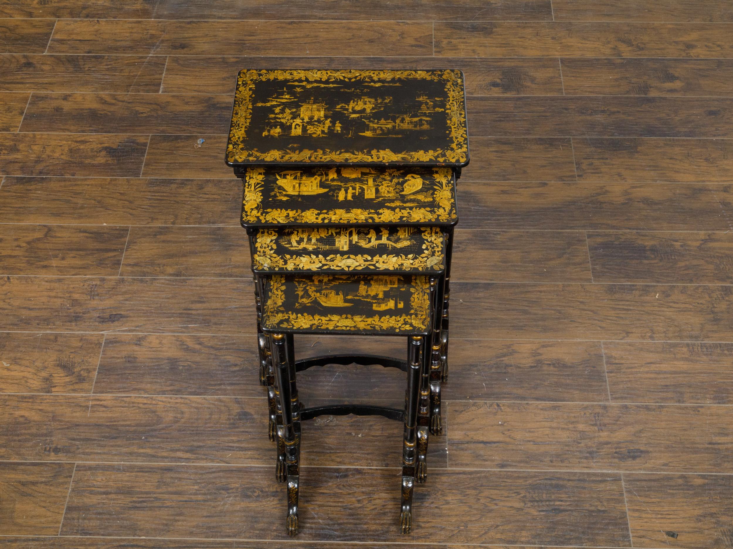 Set of Four English Chinoiserie 19th Century Black and Gold Nesting Tables  For Sale 13