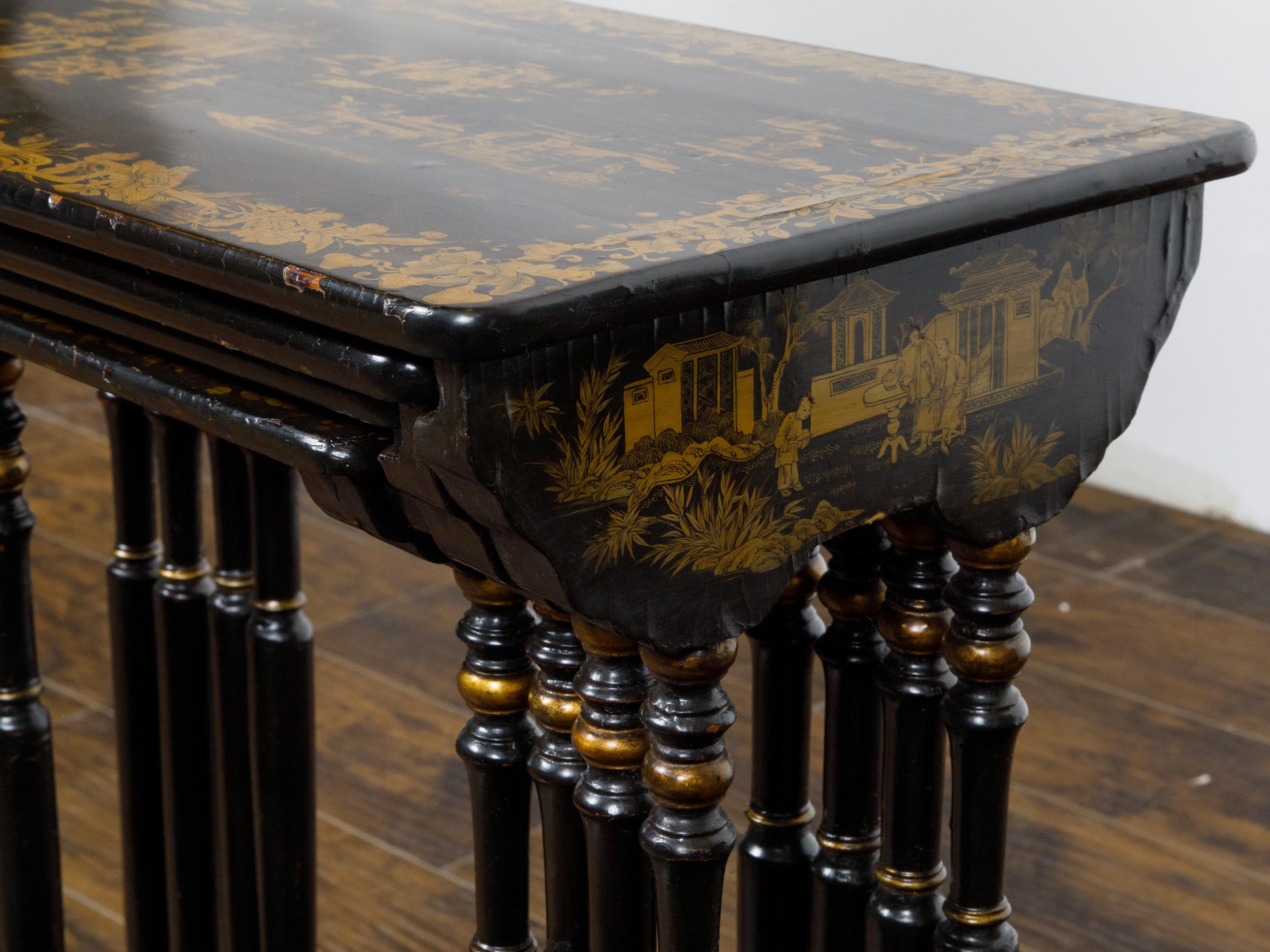 Set of Four English Chinoiserie 19th Century Black and Gold Nesting Tables  For Sale 14