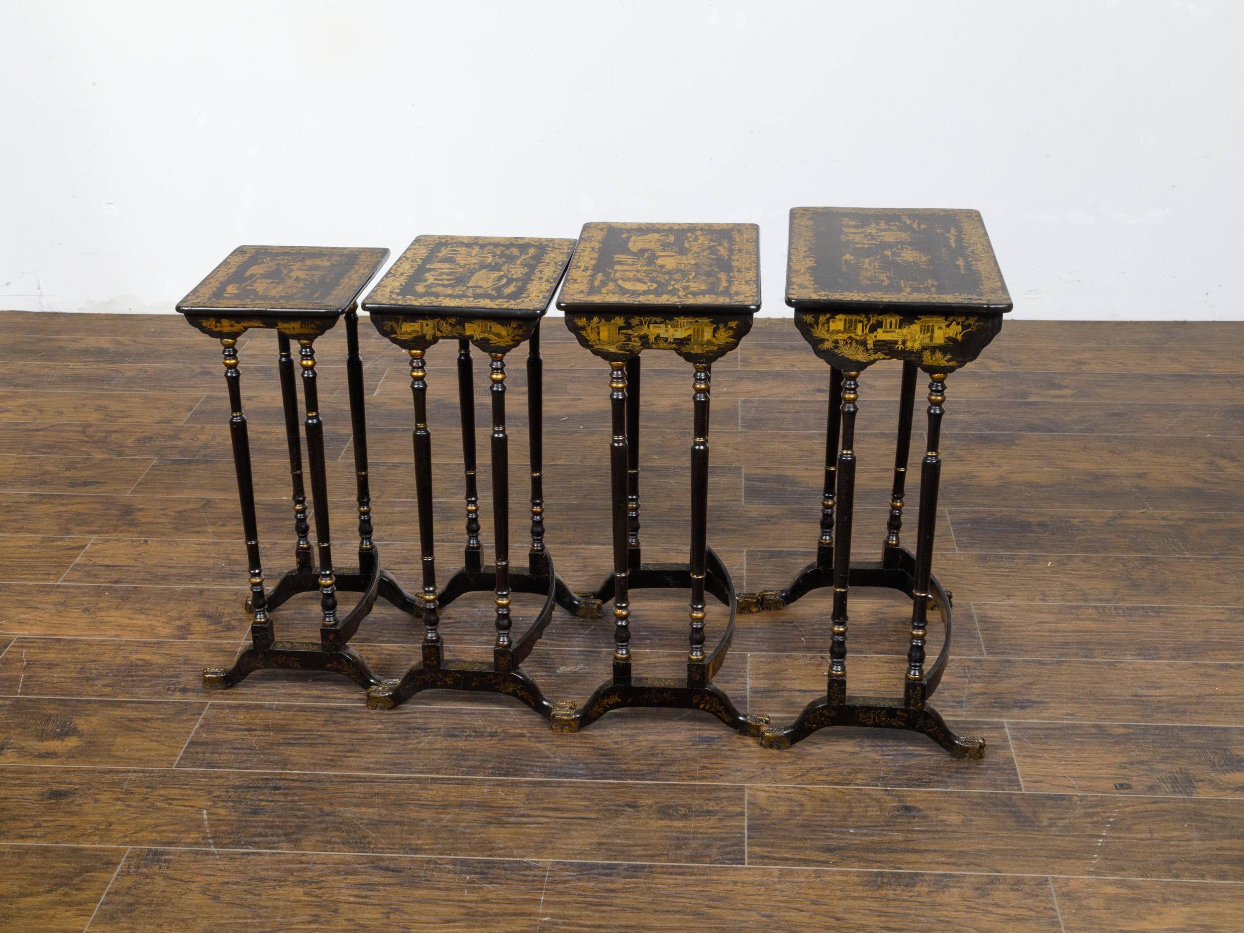 Gilt Set of Four English Chinoiserie 19th Century Black and Gold Nesting Tables  For Sale