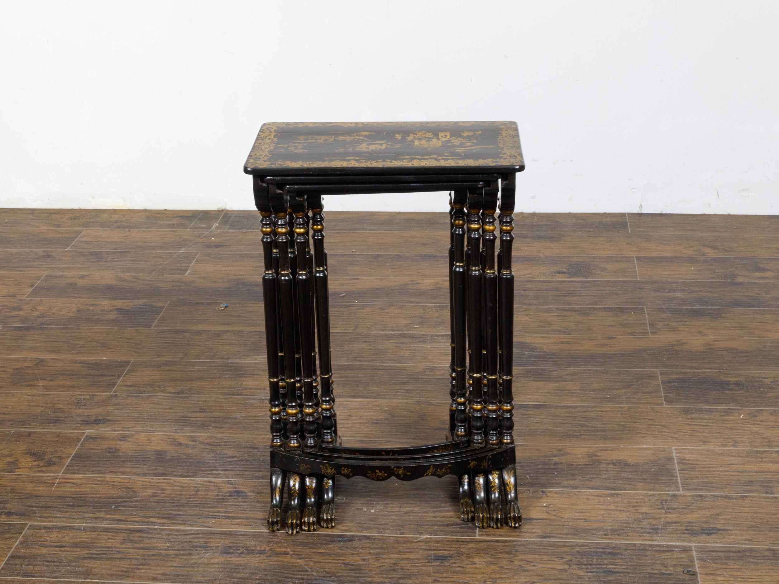 Wood Set of Four English Chinoiserie 19th Century Black and Gold Nesting Tables  For Sale