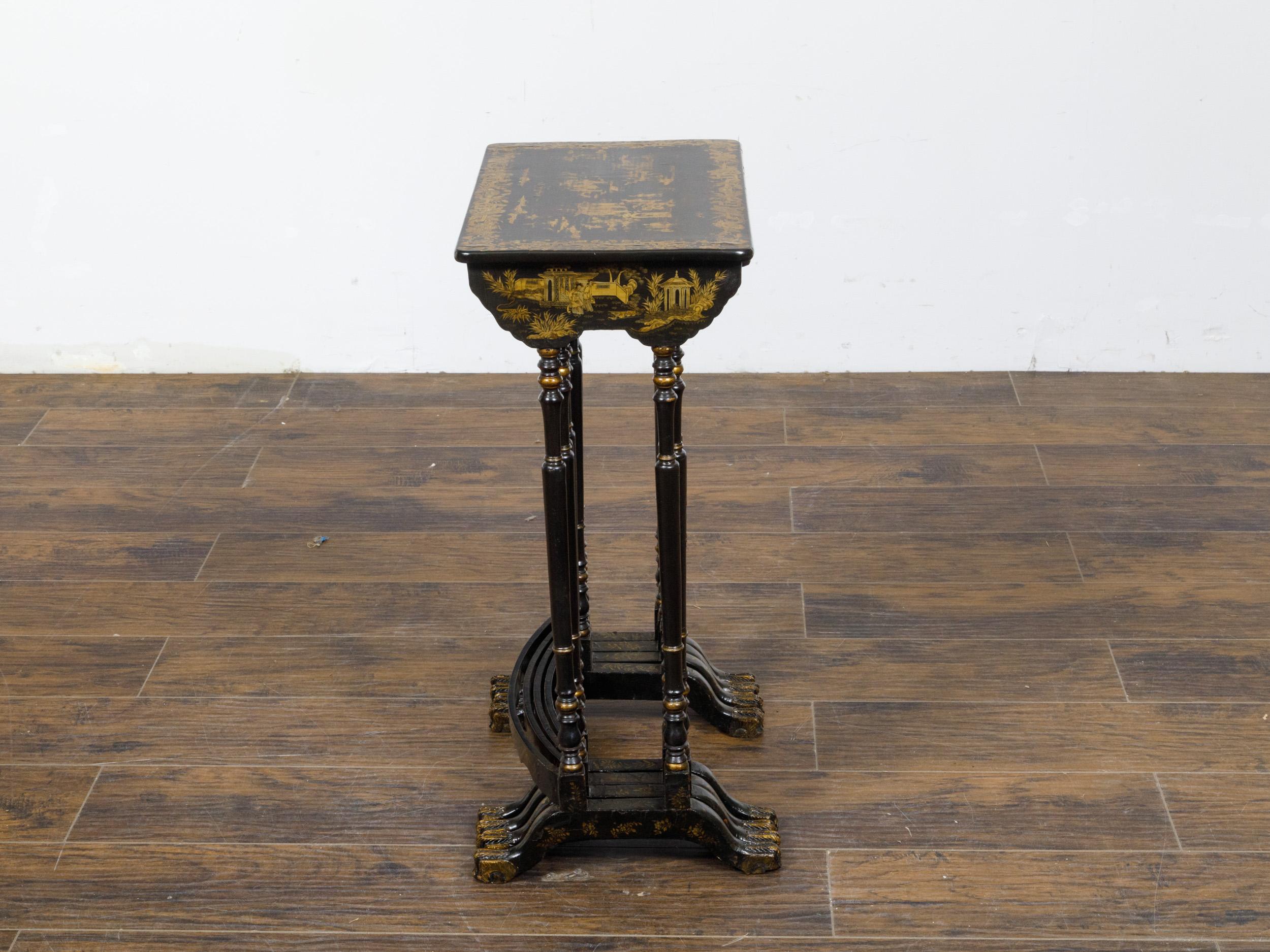 Set of Four English Chinoiserie 19th Century Black and Gold Nesting Tables  For Sale 1