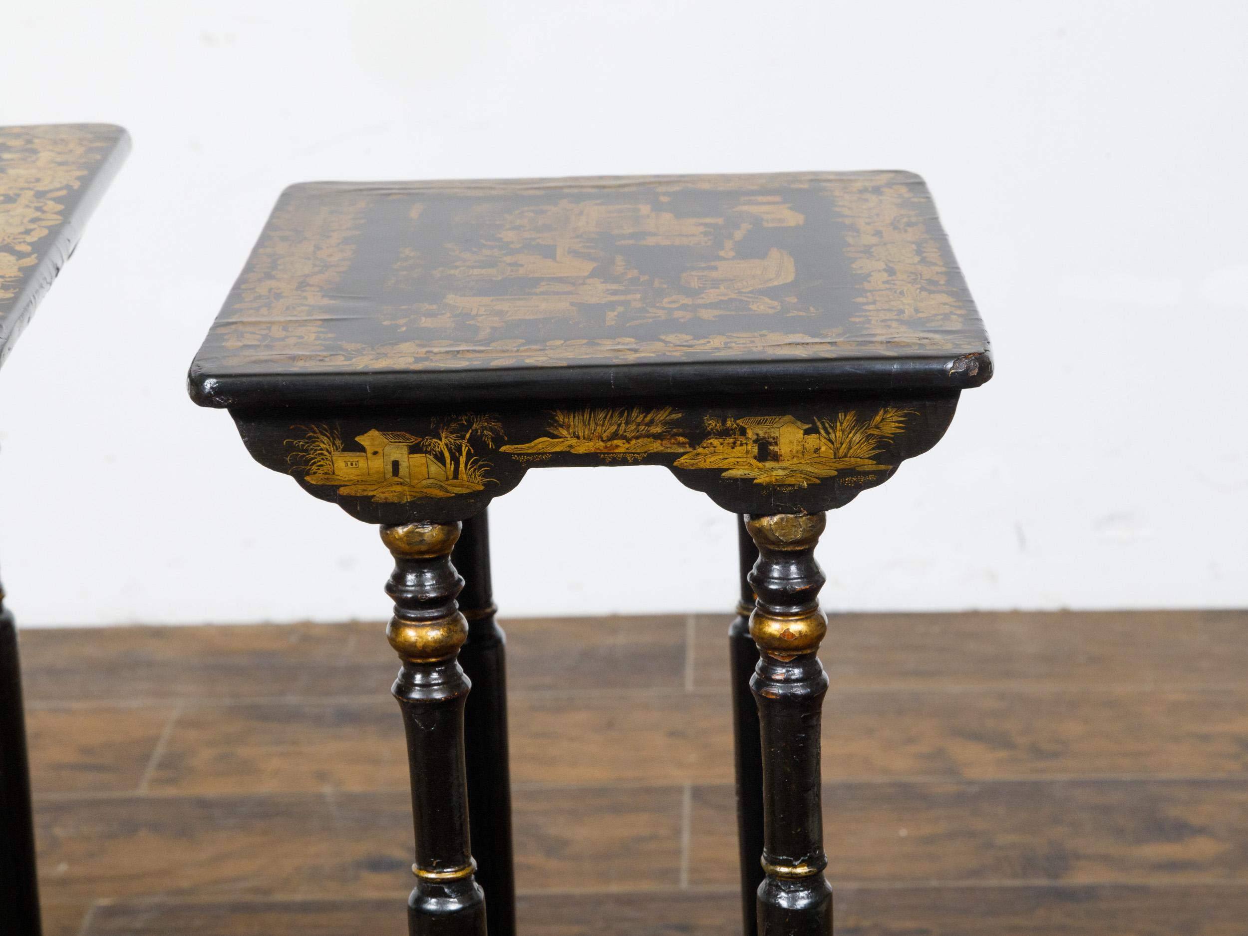 Set of Four English Chinoiserie 19th Century Black and Gold Nesting Tables  For Sale 2