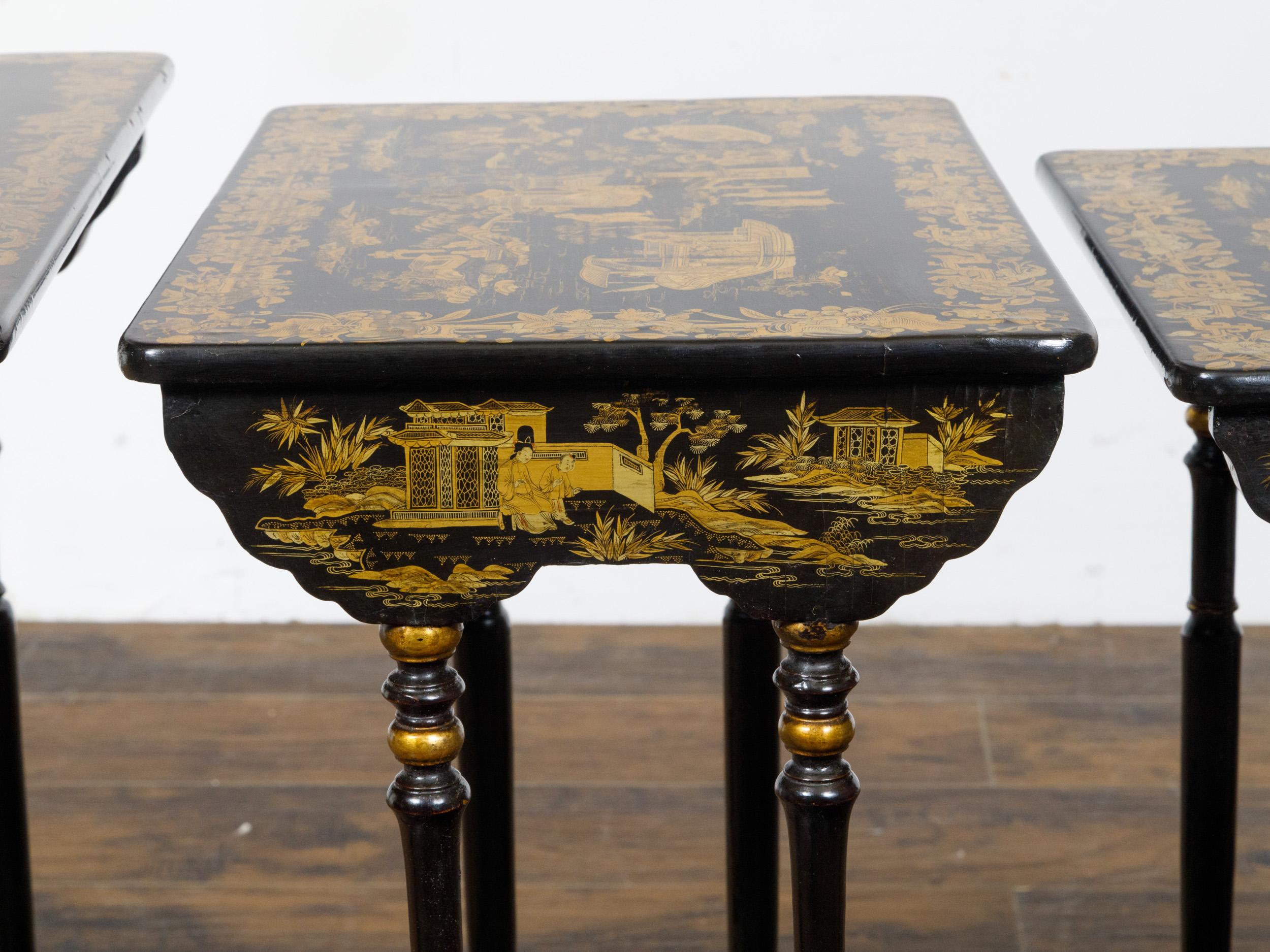 Set of Four English Chinoiserie 19th Century Black and Gold Nesting Tables  For Sale 4
