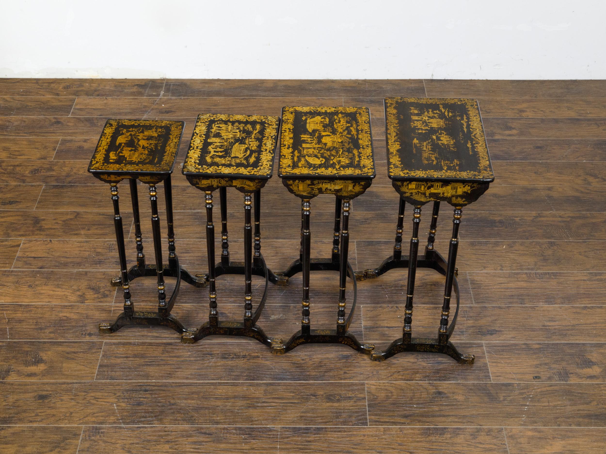 Set of Four English Chinoiserie 19th Century Black and Gold Nesting Tables  For Sale