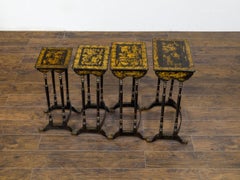 Antique Set of Four English Chinoiserie 19th Century Black and Gold Nesting Tables 