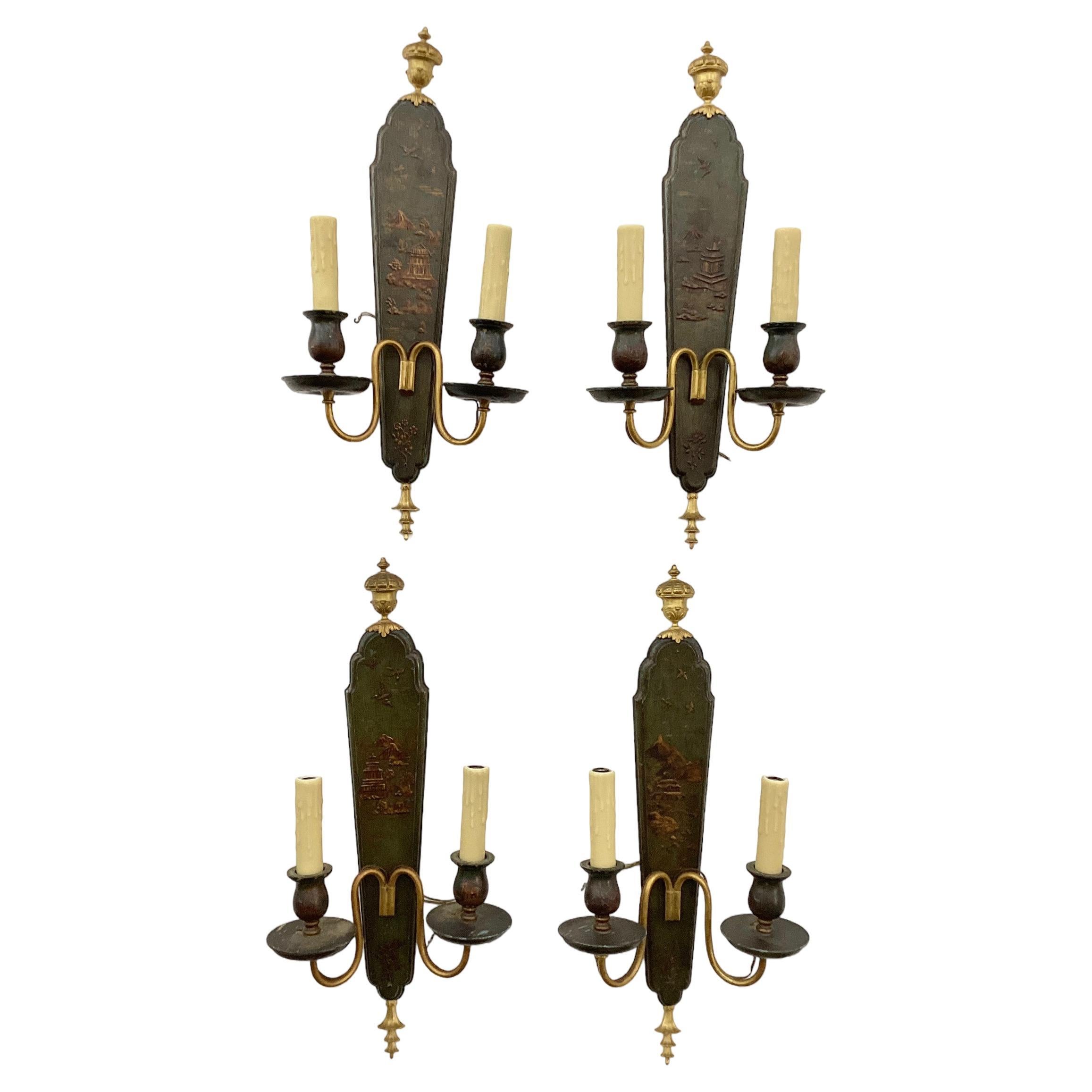 Set of Four English Chinoiserie Decorated Wall Sconces with Gilt Fittings For Sale
