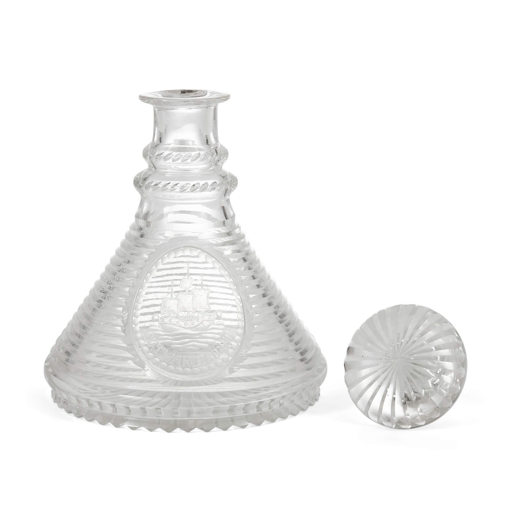 Modern Set of Four English Engraved and Cut Glass Ship's Decanters For Sale