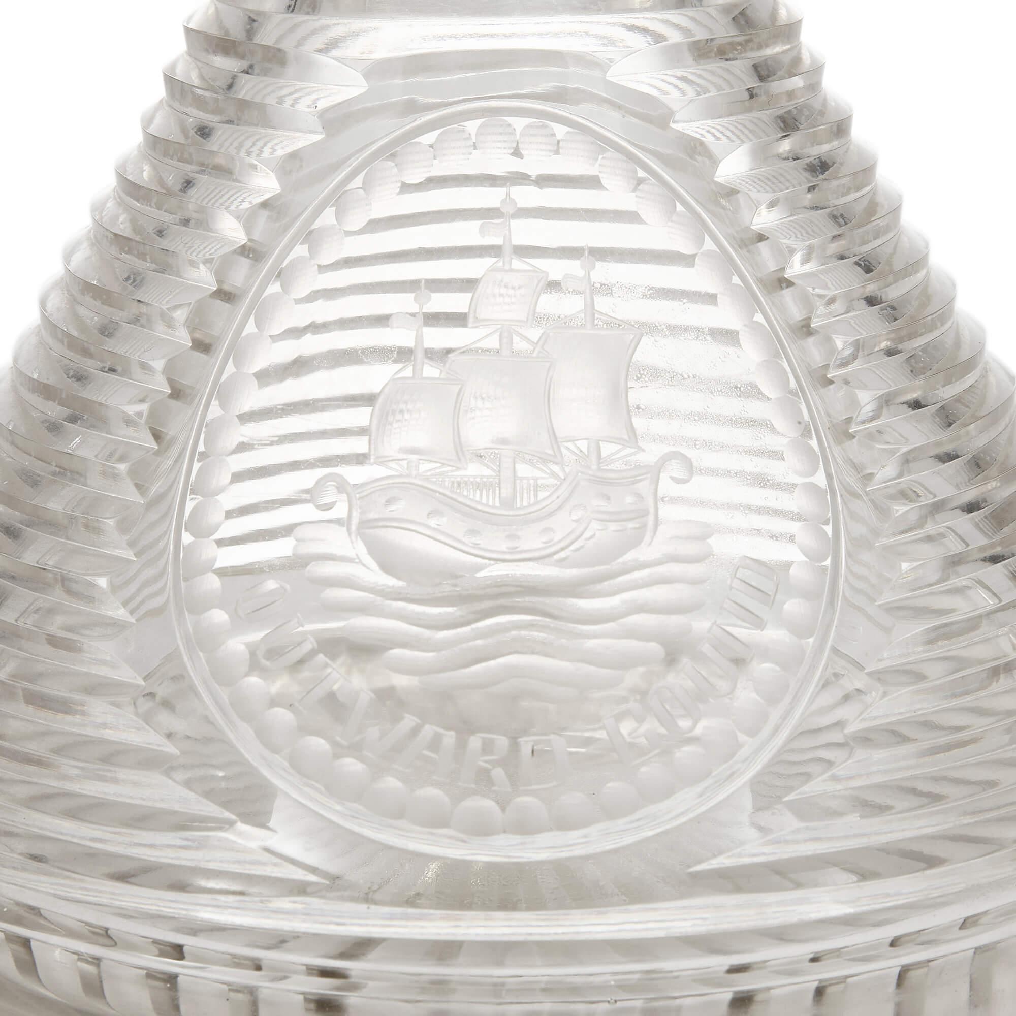 Set of Four English Engraved and Cut Glass Ship's Decanters In Good Condition For Sale In London, GB