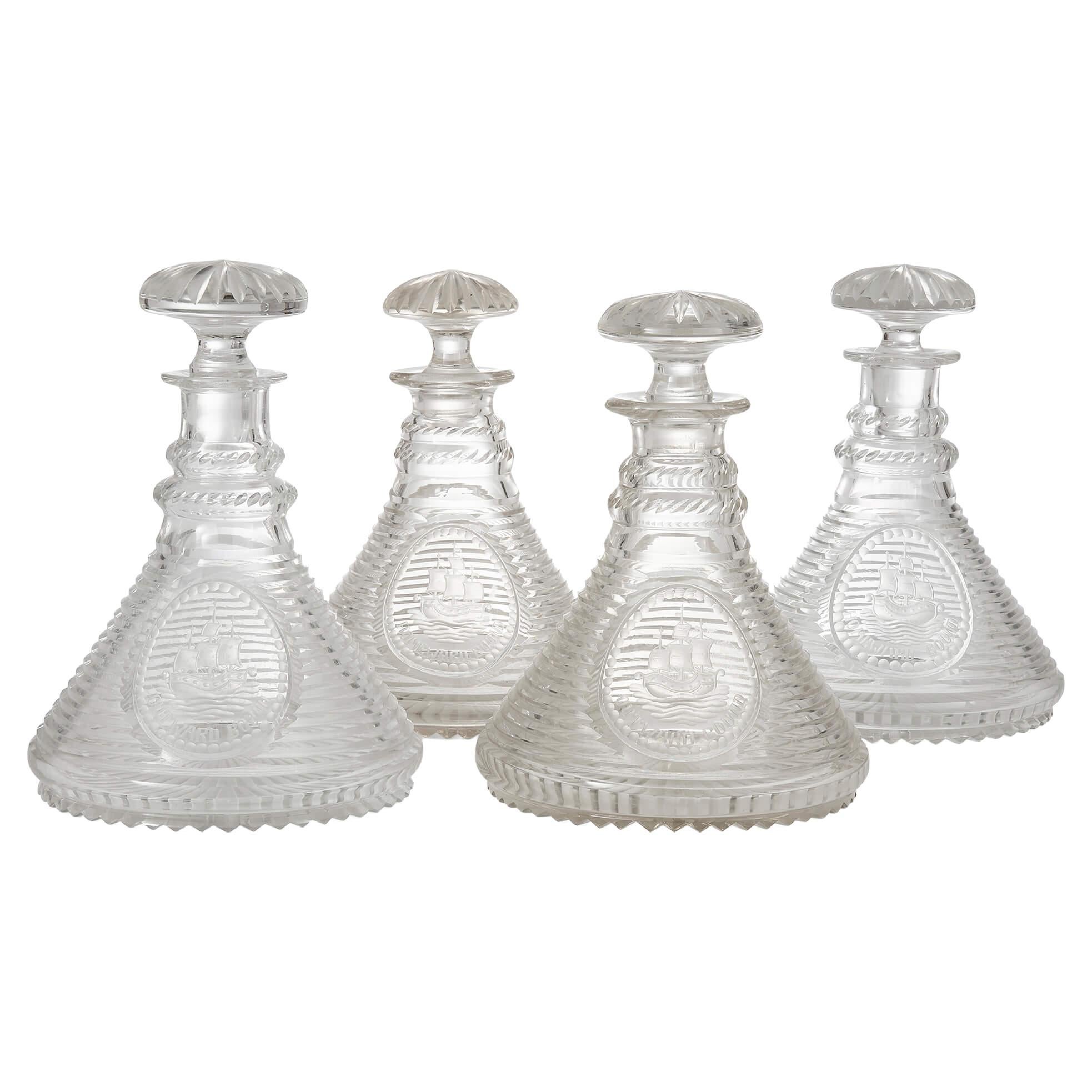 Set of Four English Engraved and Cut Glass Ship's Decanters