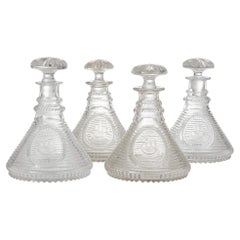 Antique Set of Four English Engraved and Cut Glass Ship's Decanters
