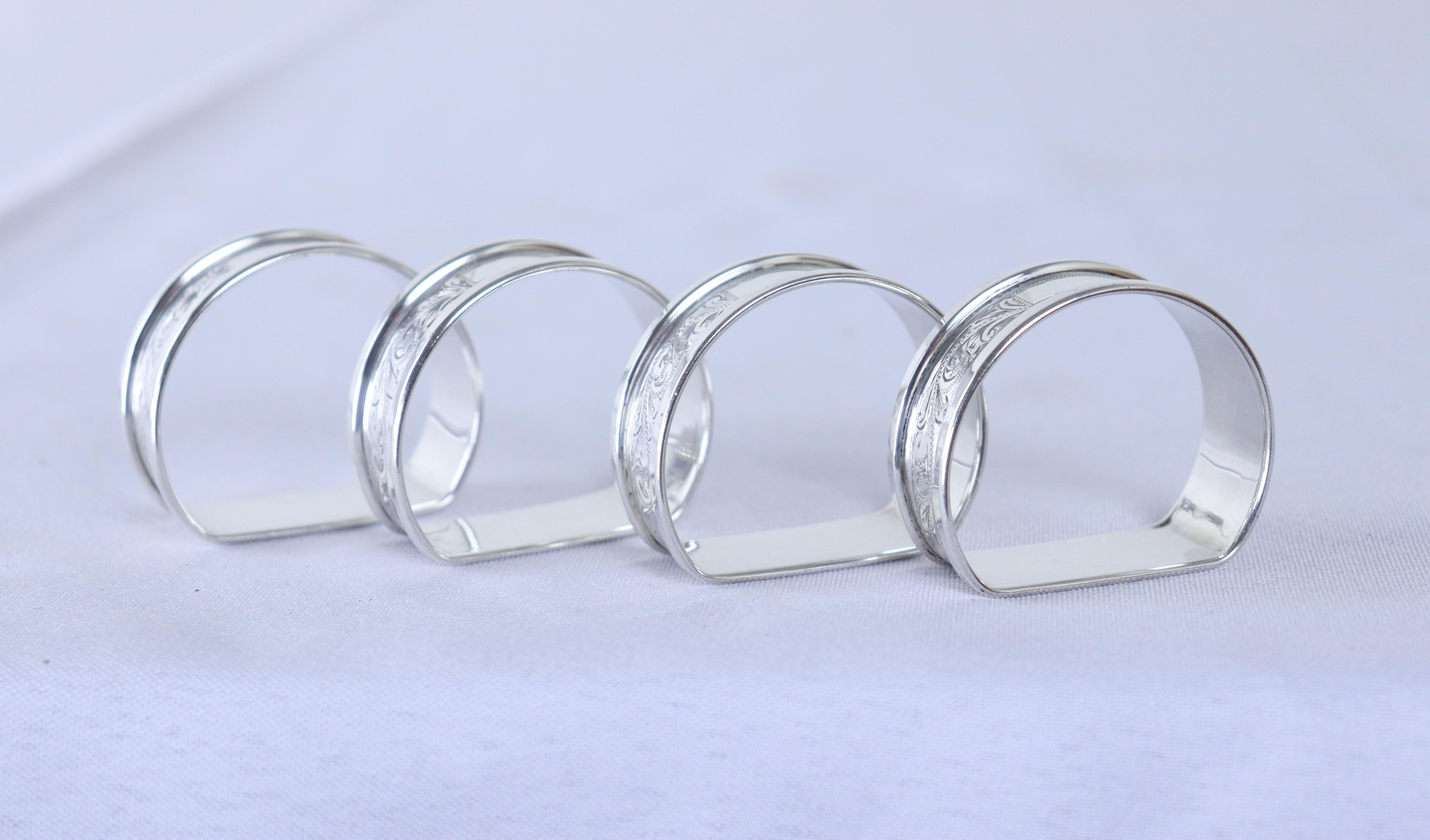 Sterling Silver Set of Four English Hallmarked Silver Napkin Rings, Birmingham For Sale