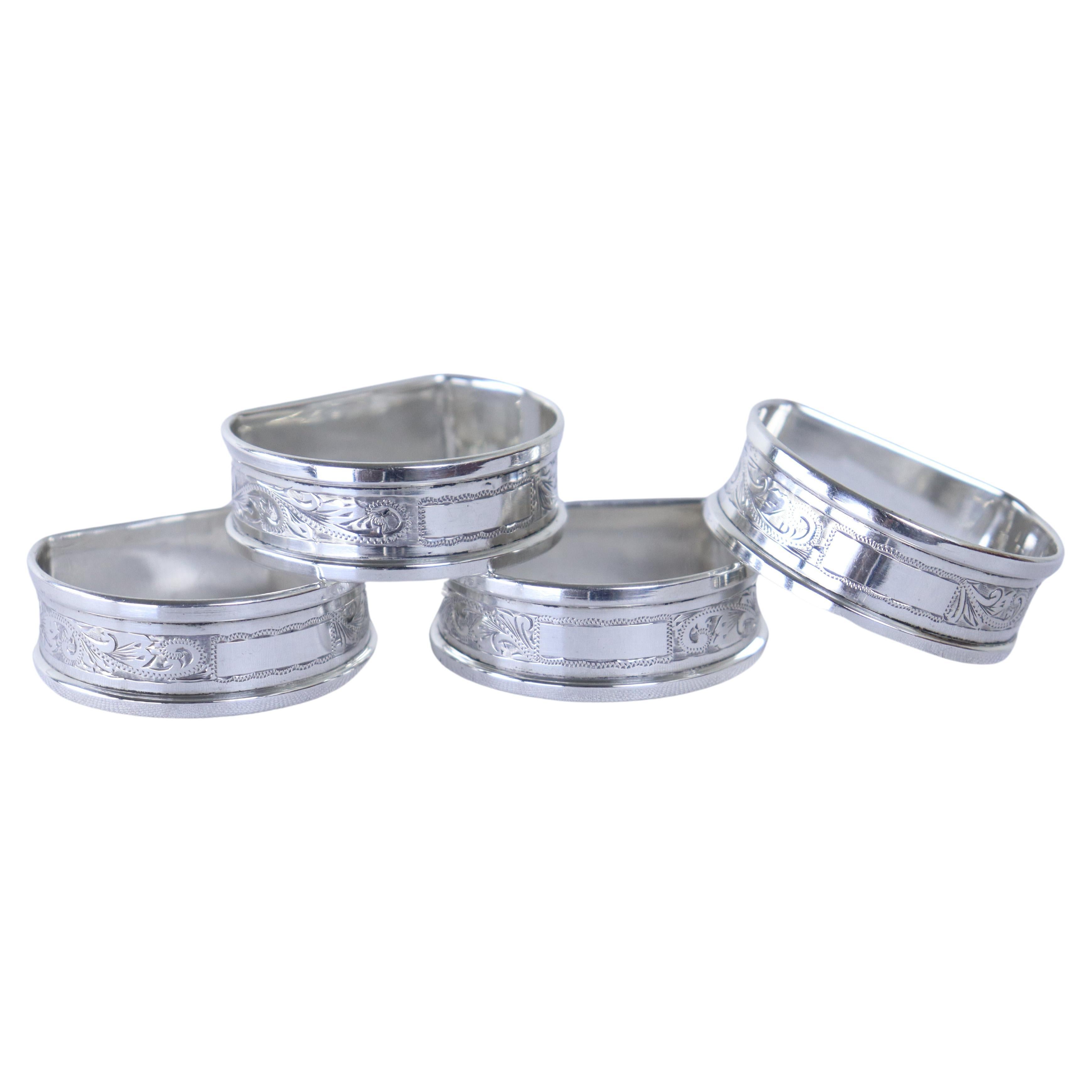 Set of Four English Hallmarked Silver Napkin Rings, Birmingham For Sale