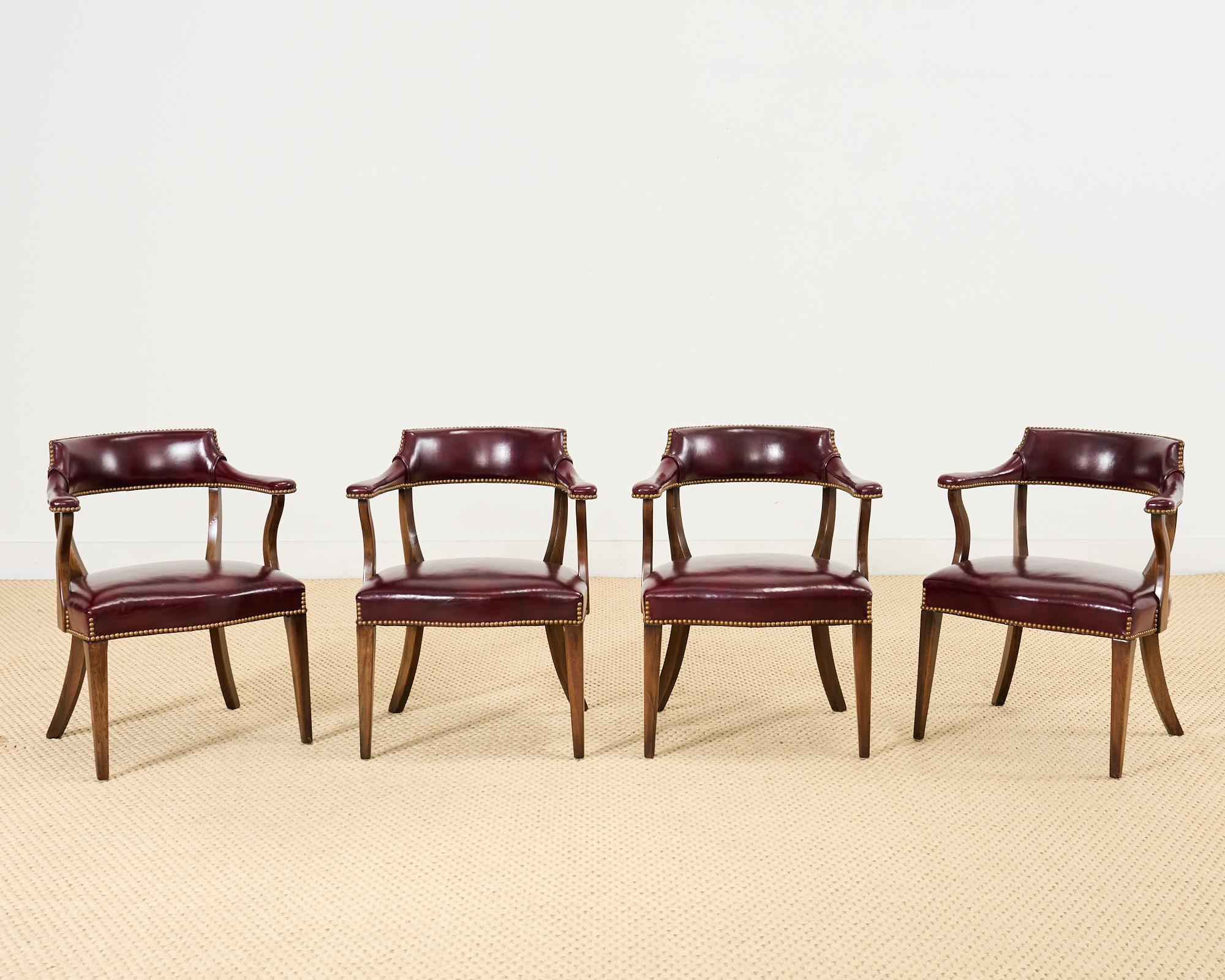 Georgian Set of Four English Mahogany Leather Captain's Pub Armchairs