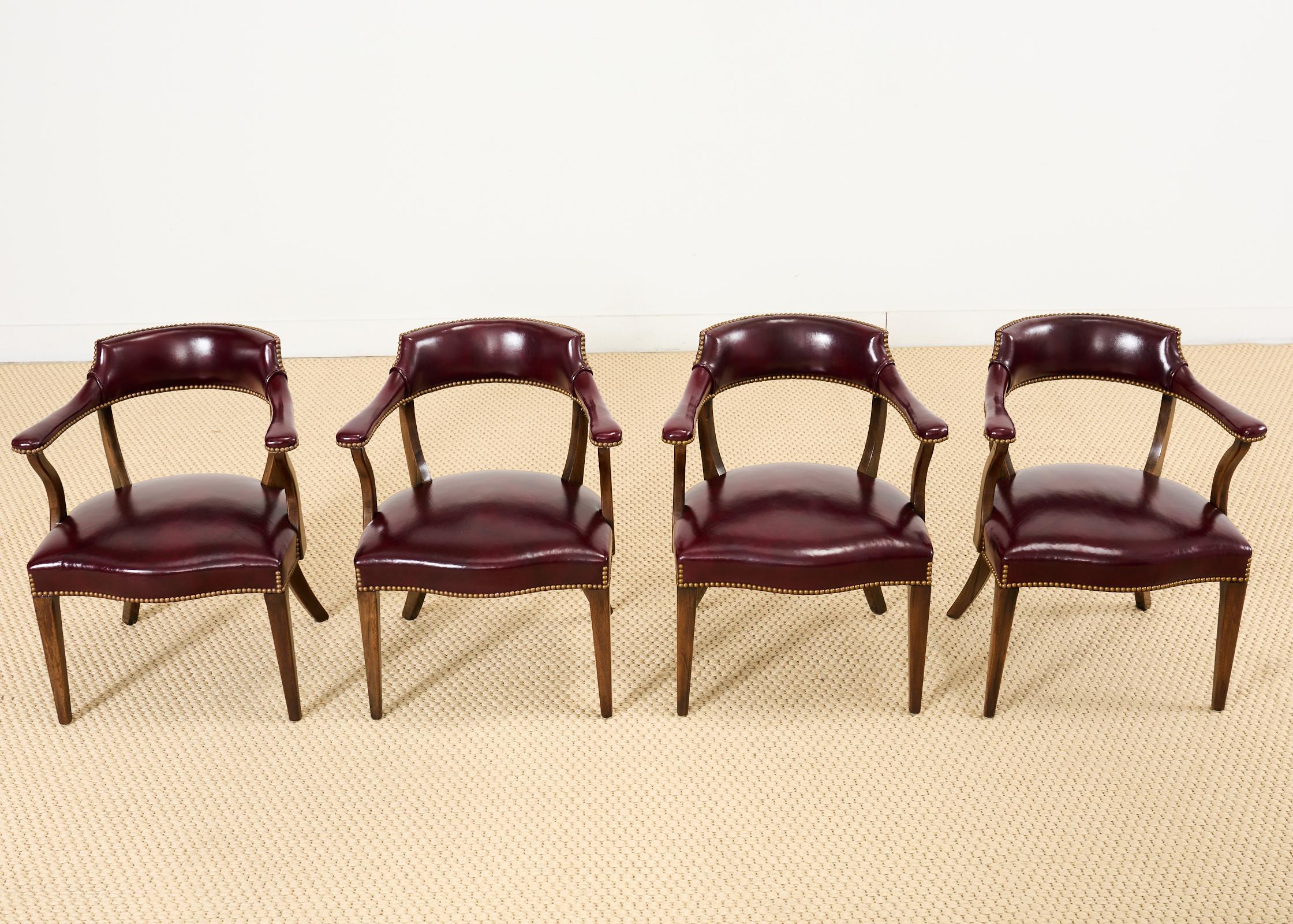 Hand-Crafted Set of Four English Mahogany Leather Captain's Pub Armchairs