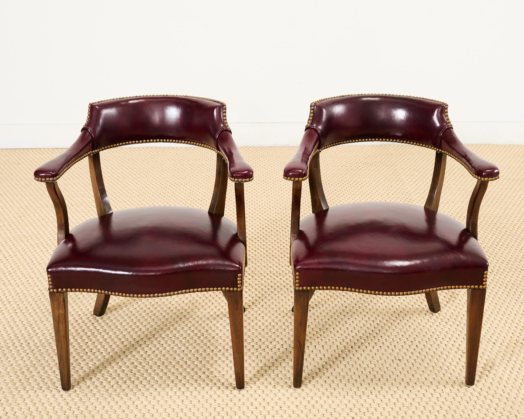 20th Century Set of Four English Mahogany Leather Captain's Pub Armchairs