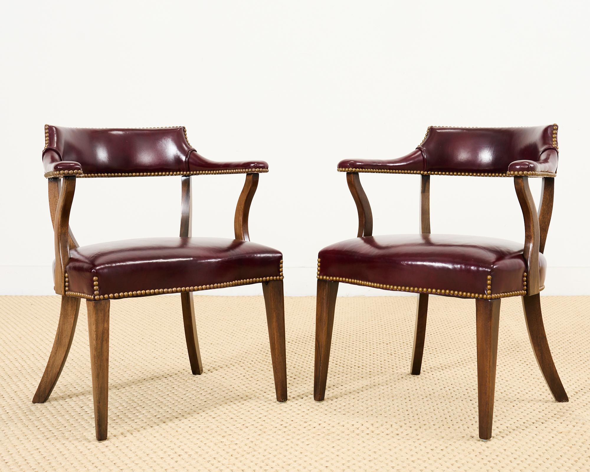 Brass Set of Four English Mahogany Leather Captain's Pub Armchairs