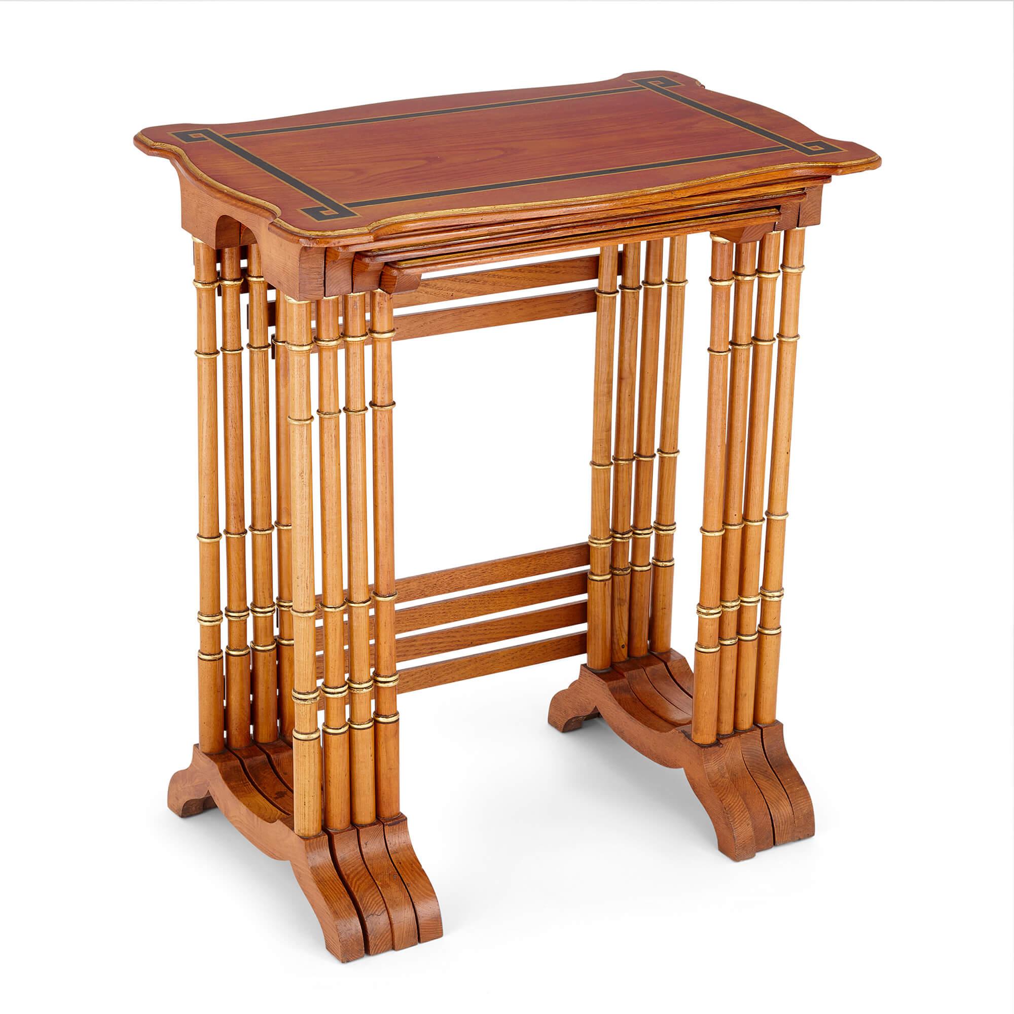 Set of four English nesting side tables with ebonised wooden inlay
English, circa 1920
Smallest: height 65cm, width 40cm, depth 34cm
Largest: height 70cm, width 60cm, depth 39cm

This very fine suite of nesting tables was made in England in the