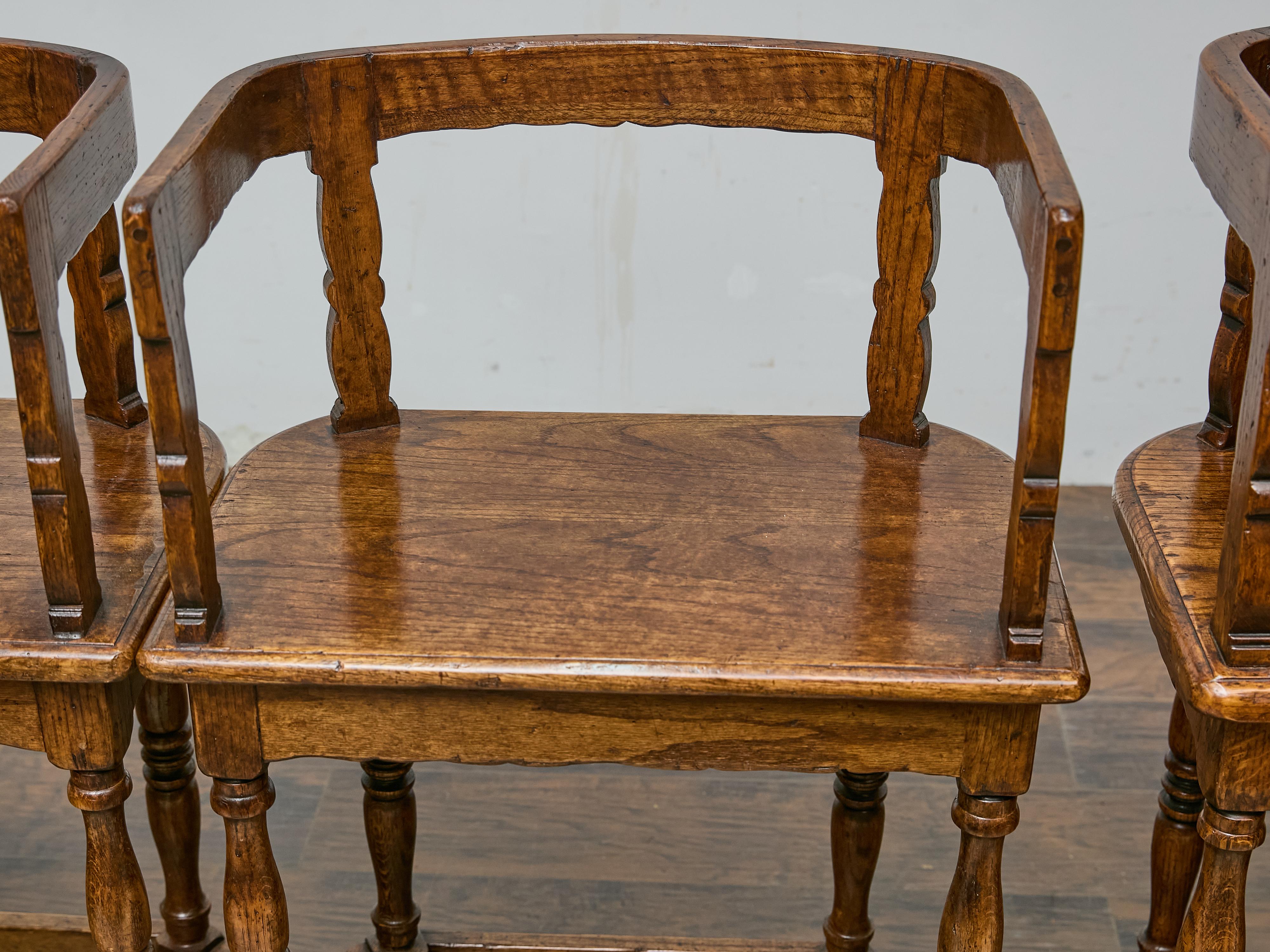 Set of Four English Oak Bar Stools with Backs and Cushions, Midcentury Period For Sale 3