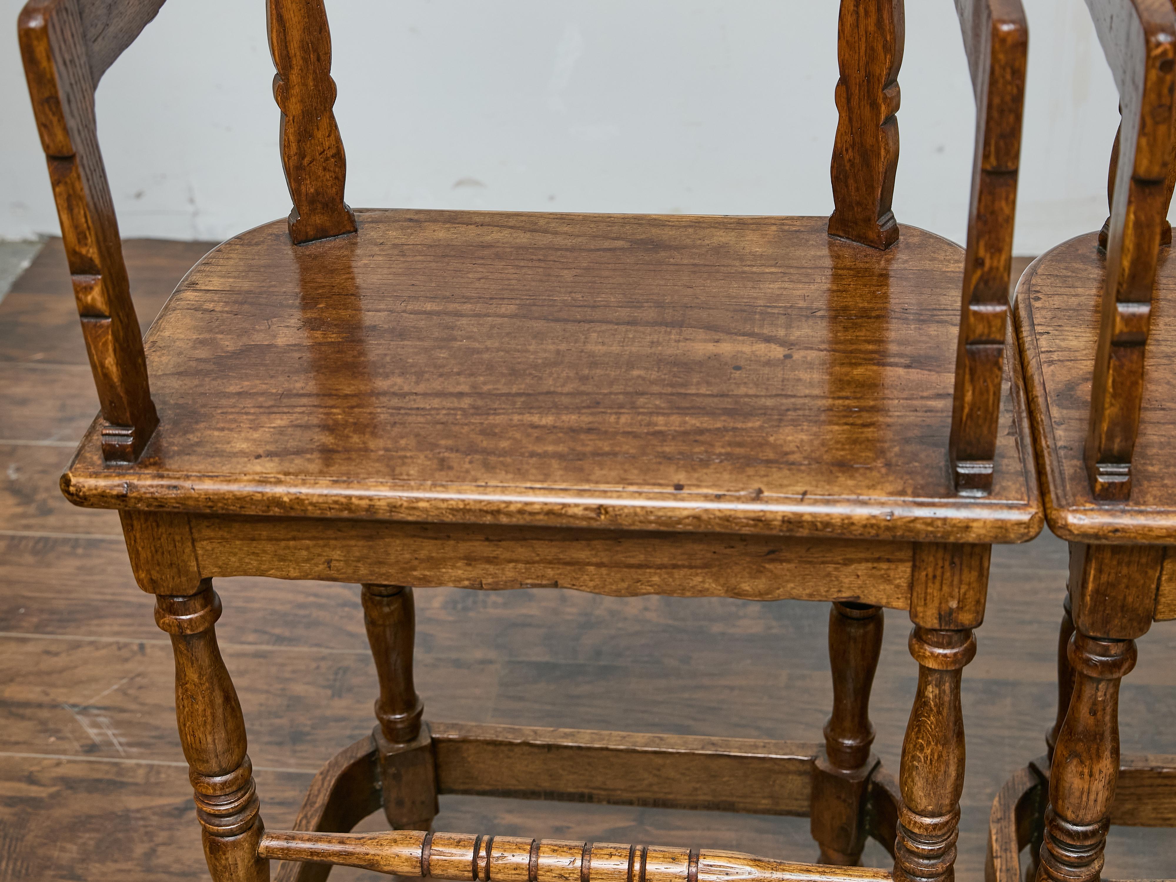 Set of Four English Oak Bar Stools with Backs and Cushions, Midcentury Period For Sale 4