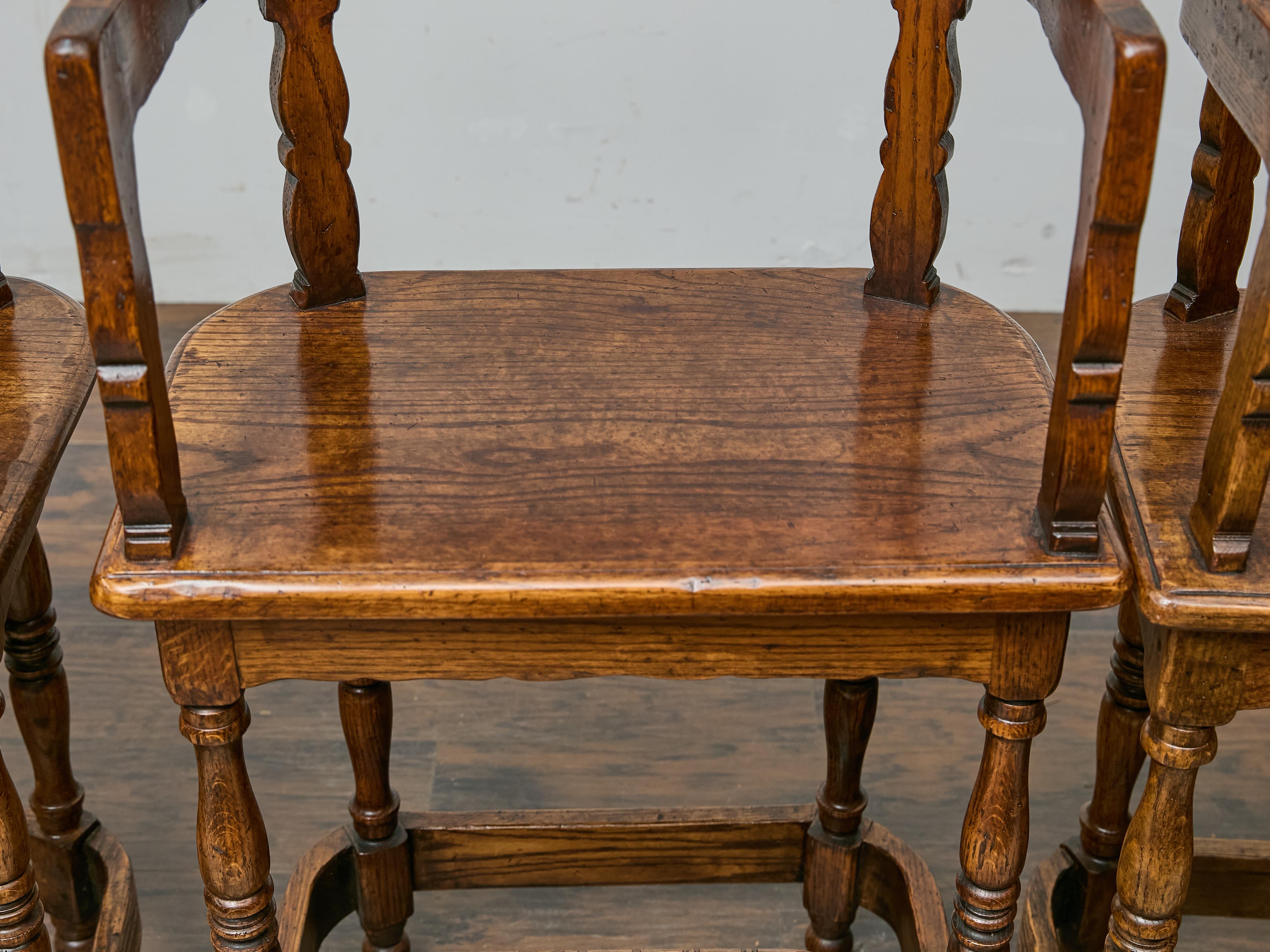 Set of Four English Oak Bar Stools with Backs and Cushions, Midcentury Period For Sale 6