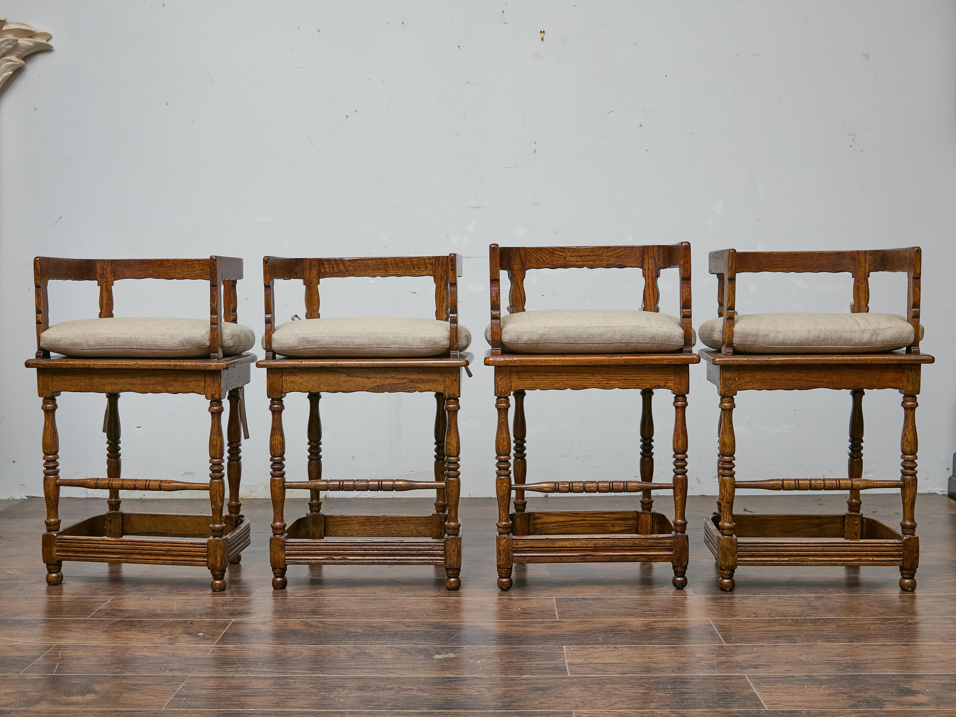 Set of Four English Oak Bar Stools with Backs and Cushions, Midcentury Period For Sale 10