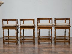 Set of Four English Oak Bar Stools with Backs and Cushions, Midcentury Period