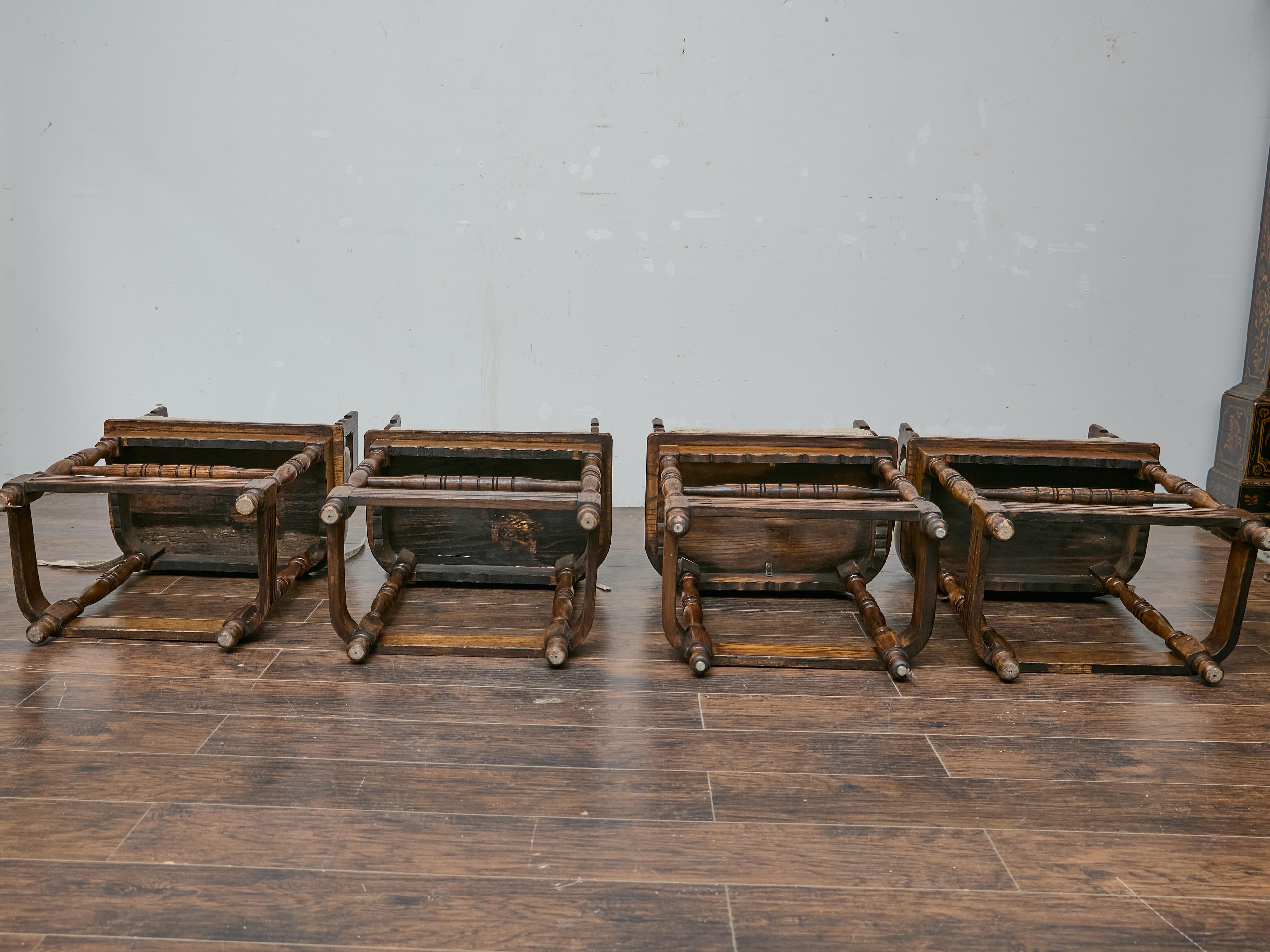 Fabric Set of Four English Oak Bar Stools with Backs and Cushions, Midcentury Period For Sale