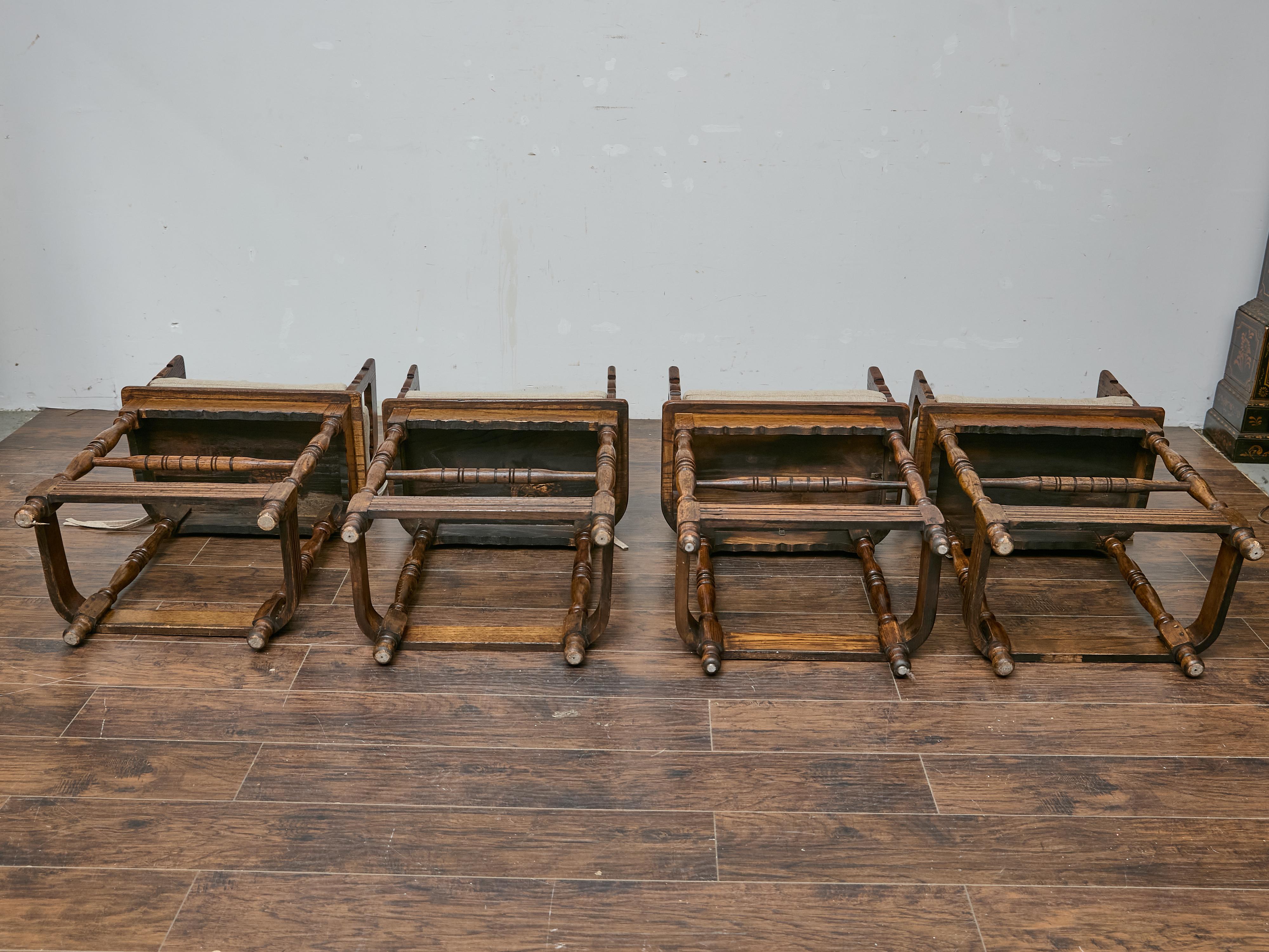 Set of Four English Oak Bar Stools with Backs and Cushions, Midcentury Period For Sale 1