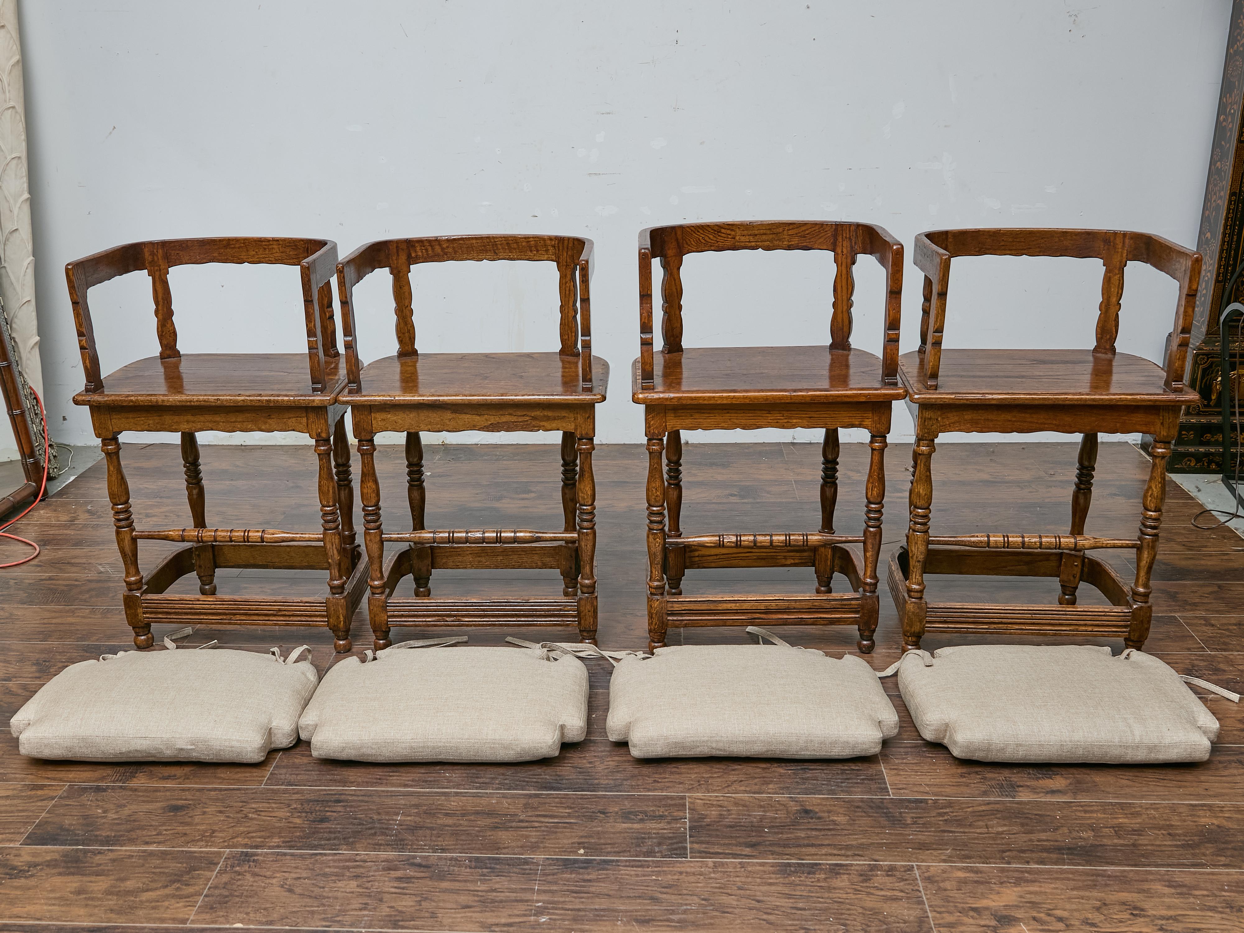 Set of Four English Oak Bar Stools with Backs and Cushions, Midcentury Period For Sale 2