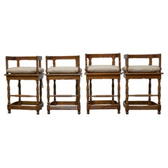 Set of Four English Oak Bar Stools with Backs and Cushions, Midcentury Period