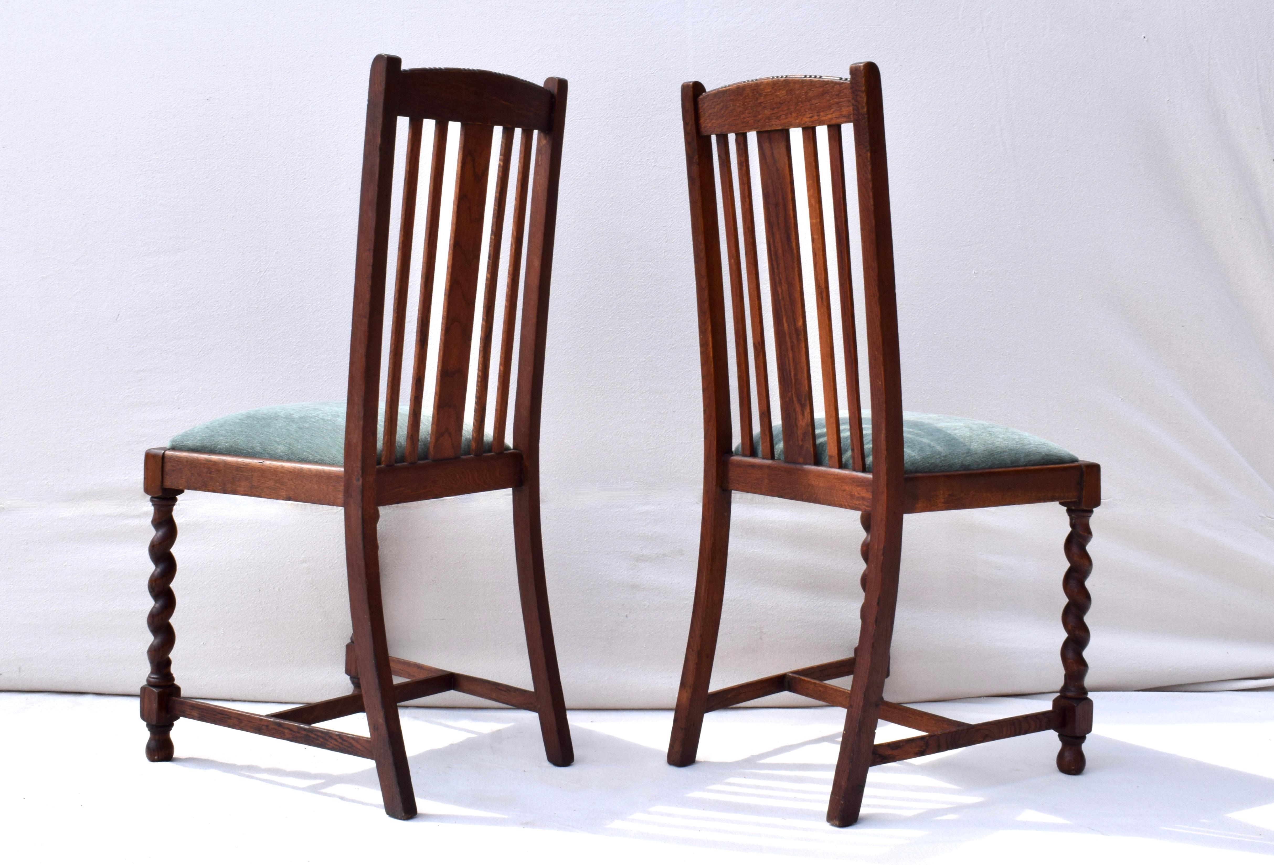 Velvet Set of Four English Oak Barley Twist Chairs
