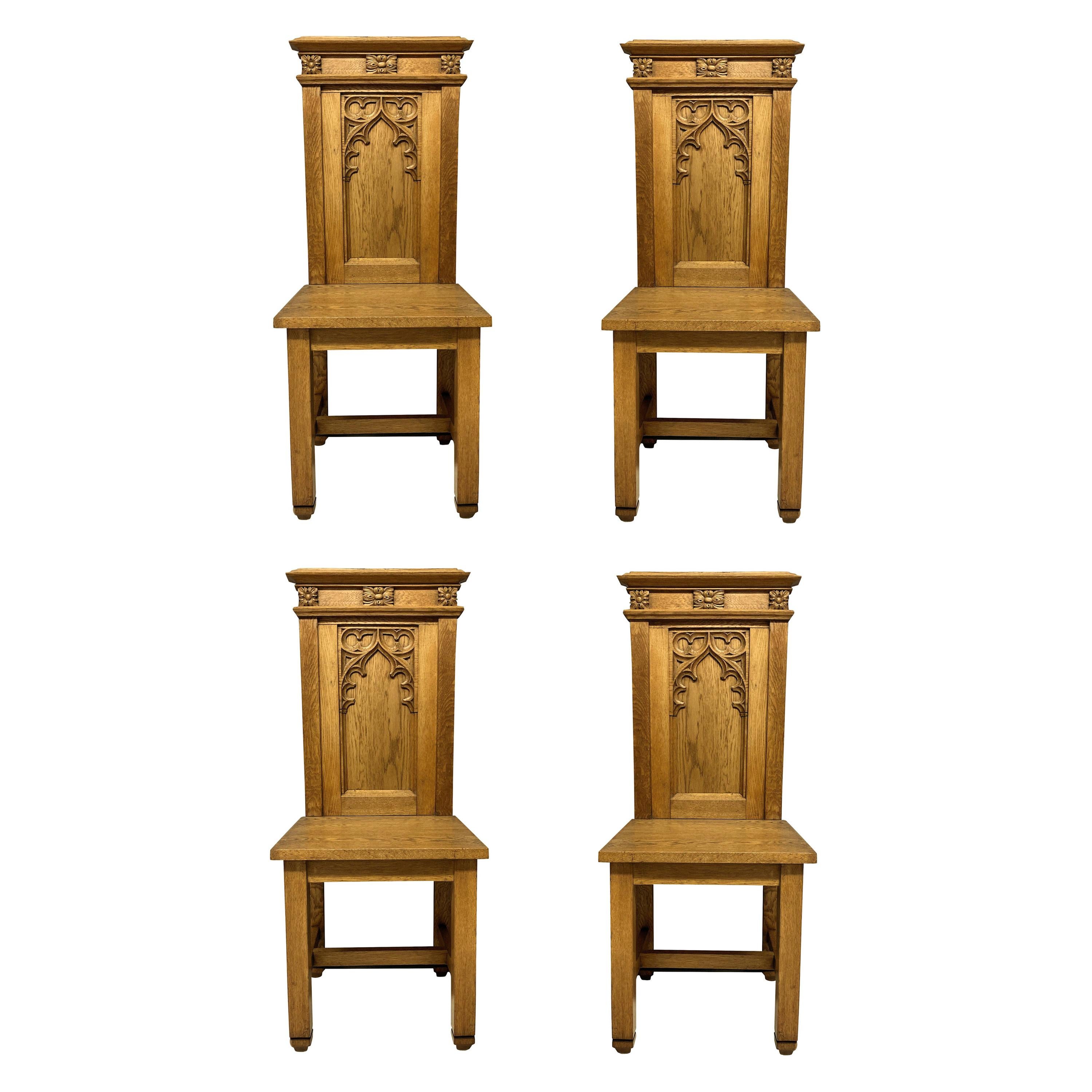 Set of Four English Oak Gothic Hall Chairs