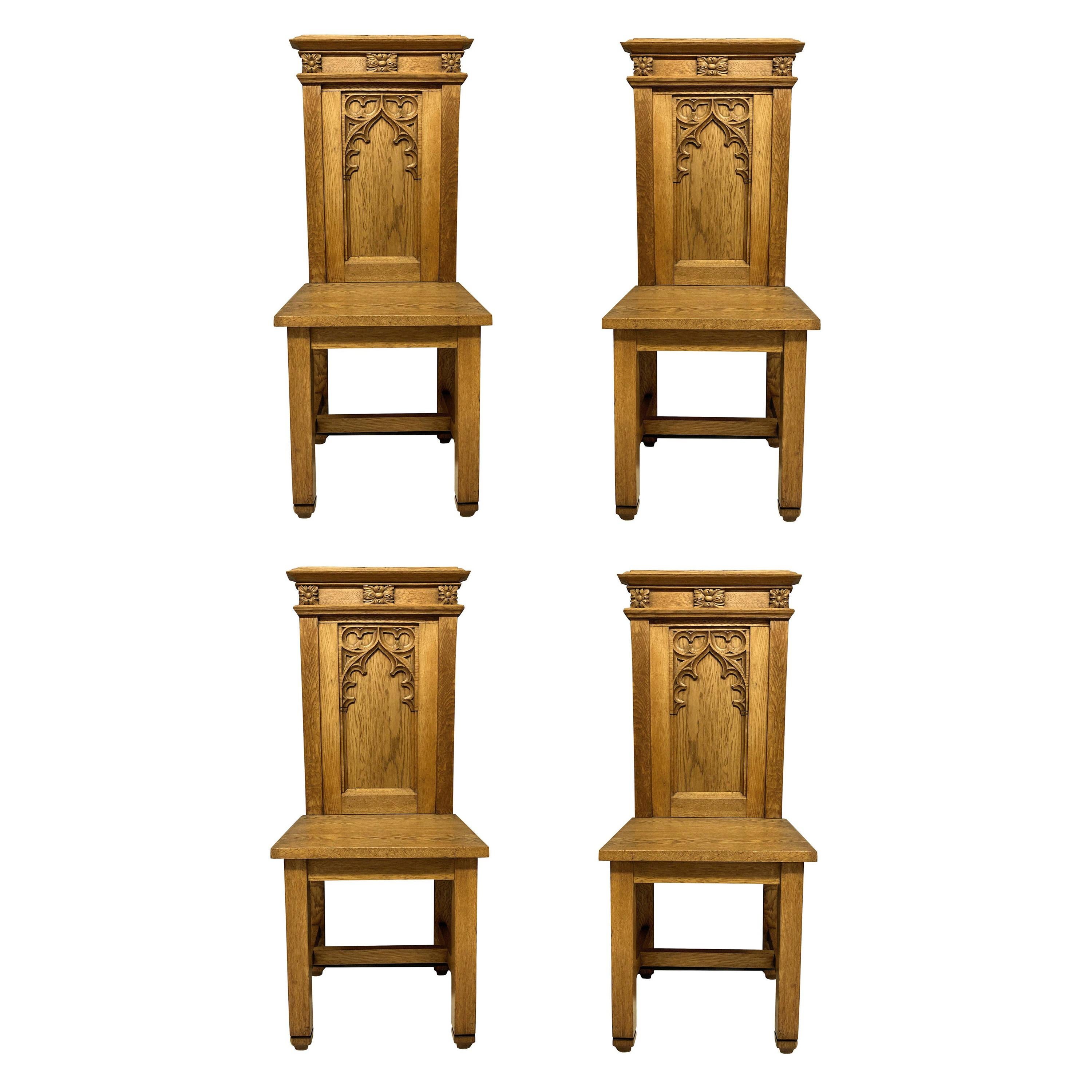 Set of Four English Oak Gothic Hall Chairs
