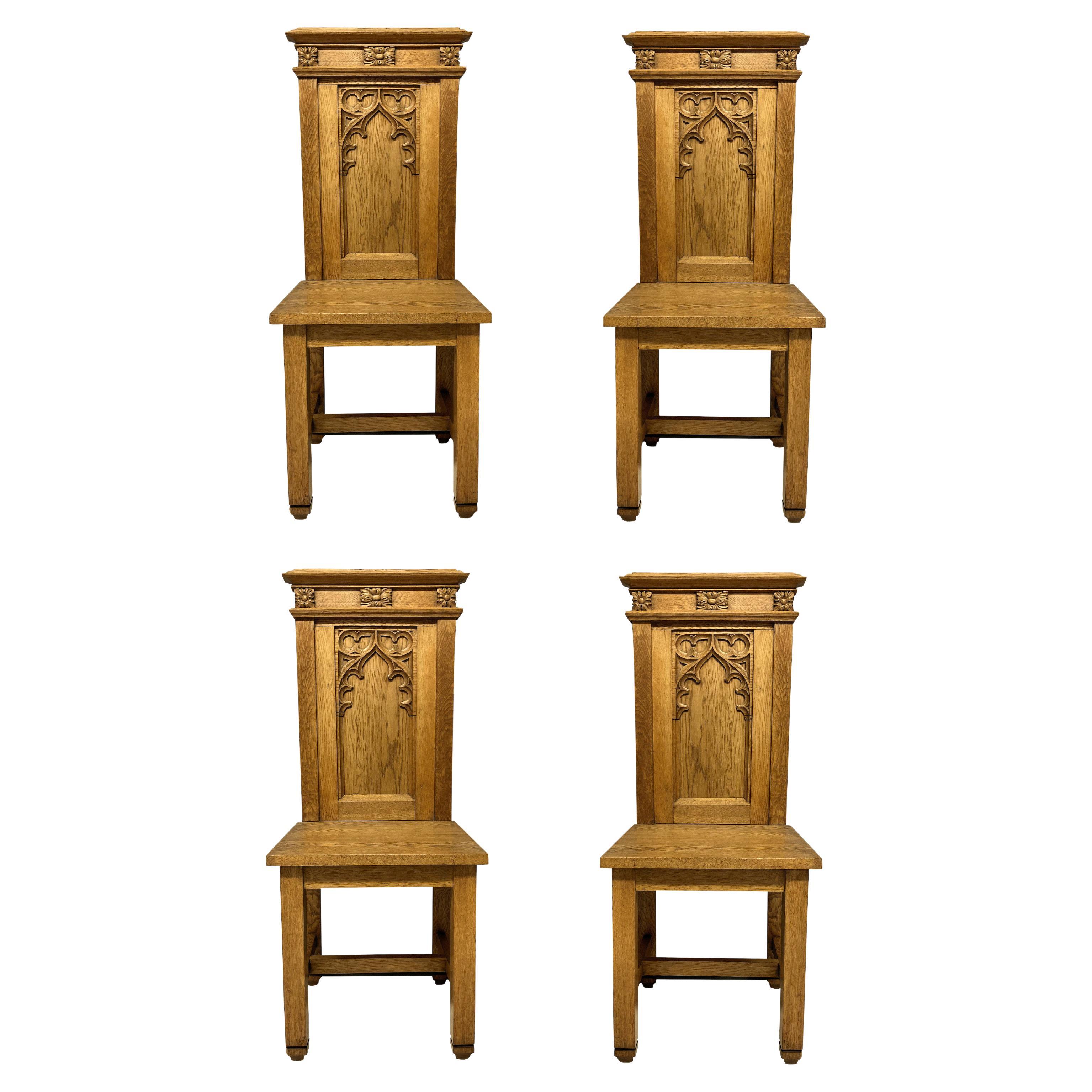 Set of Four English Oak Gothic Hall Chairs