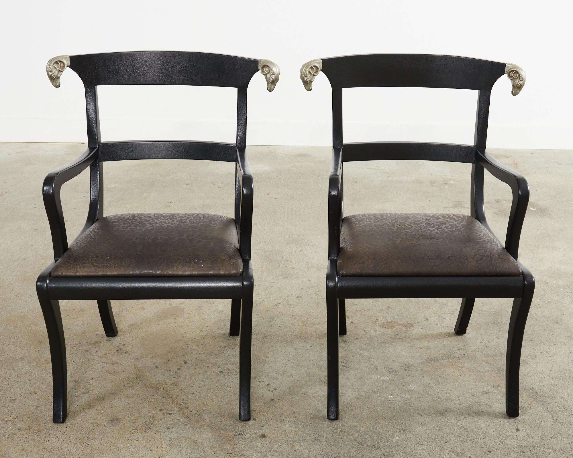 20th Century Set of Four English Regency Style Armchairs with Rams Heads For Sale