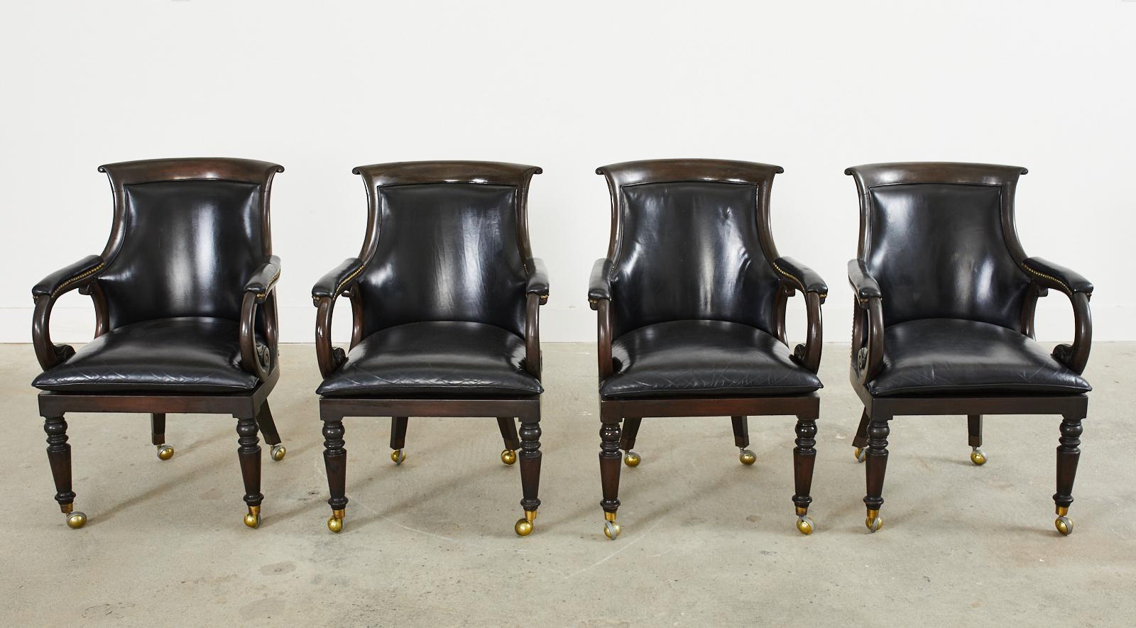 American Set of Four English Regency Style Leather Library Armchairs