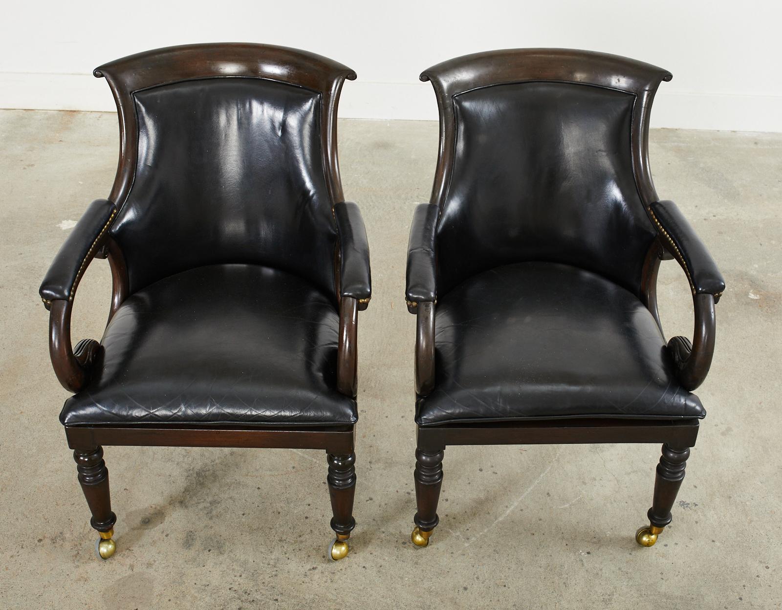 Brass Set of Four English Regency Style Leather Library Armchairs