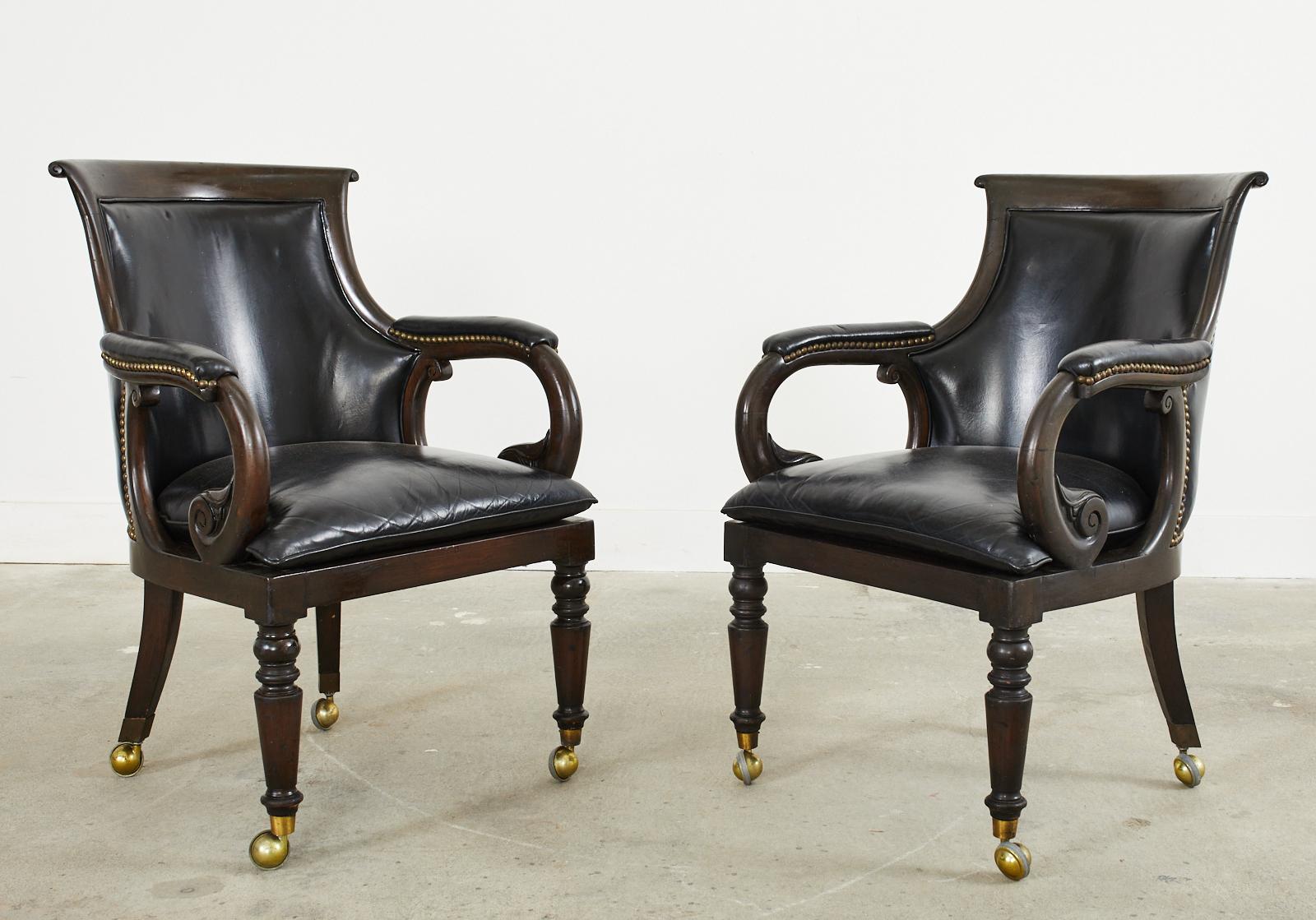 Set of Four English Regency Style Leather Library Armchairs 1