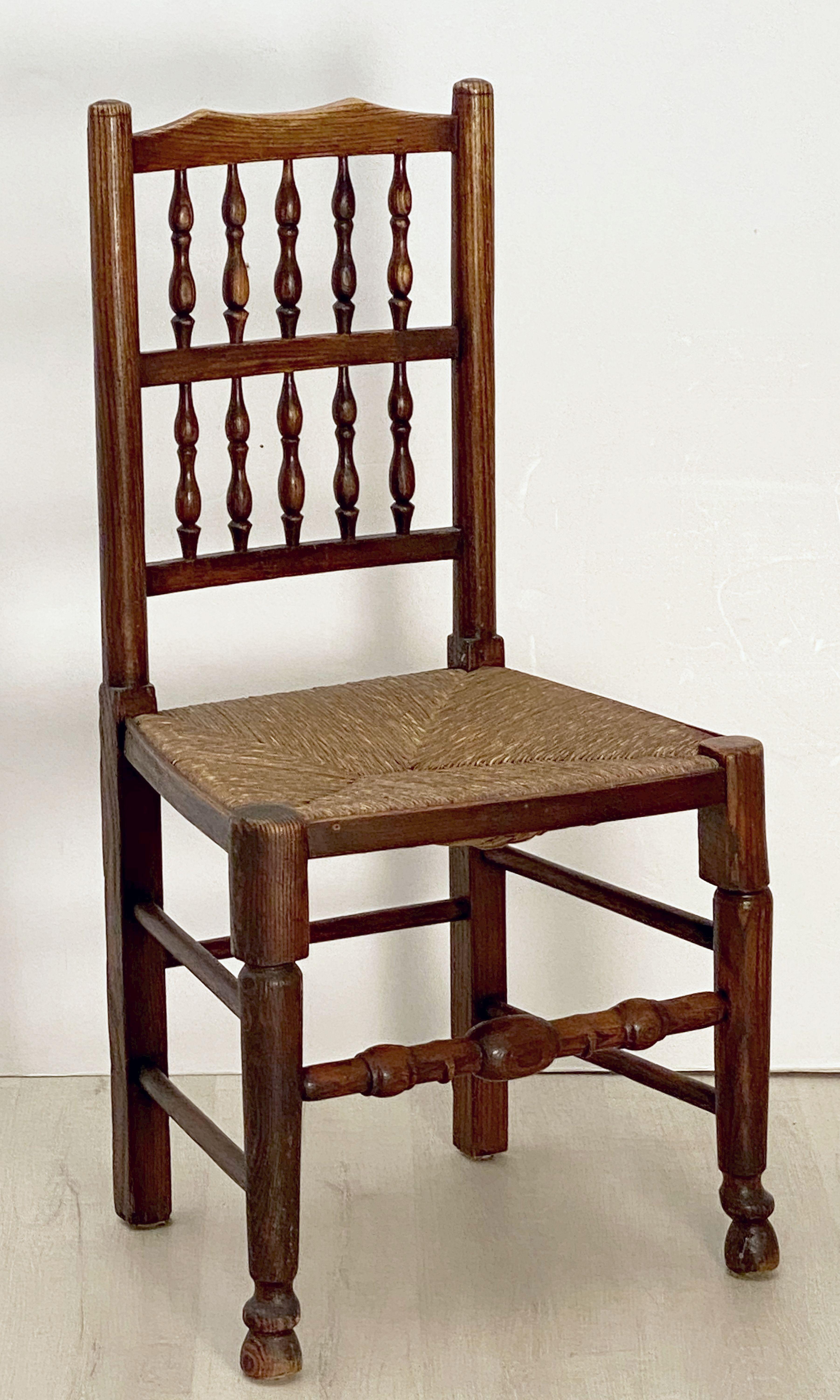 Turned Set of Four English Spindle-Back Rush Seat Chairs with Rush Seats