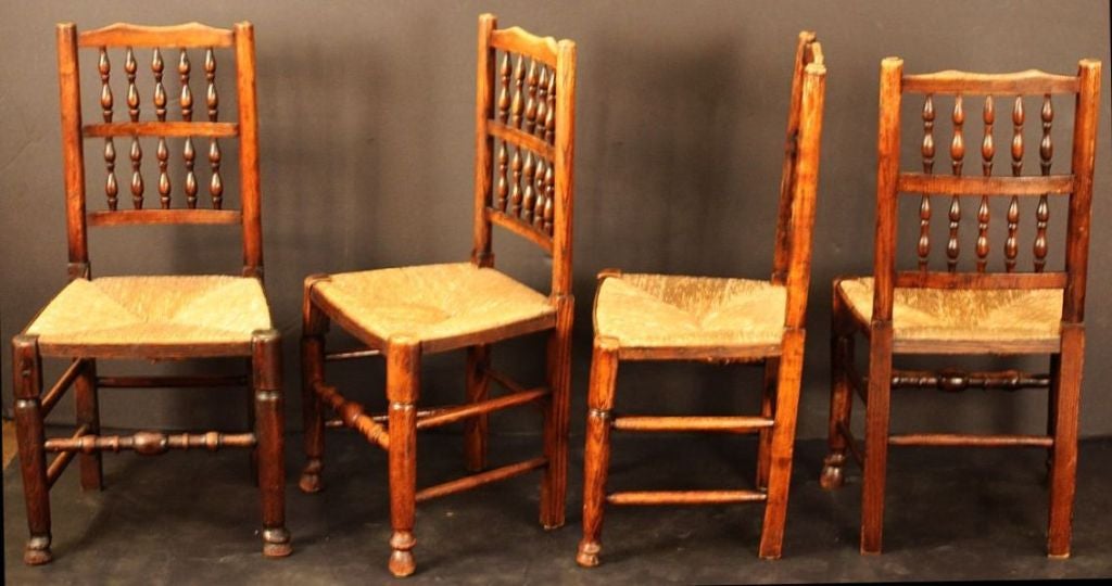 19th Century Set of Four English Spindle-Back Rush Seat Chairs with Rush Seats