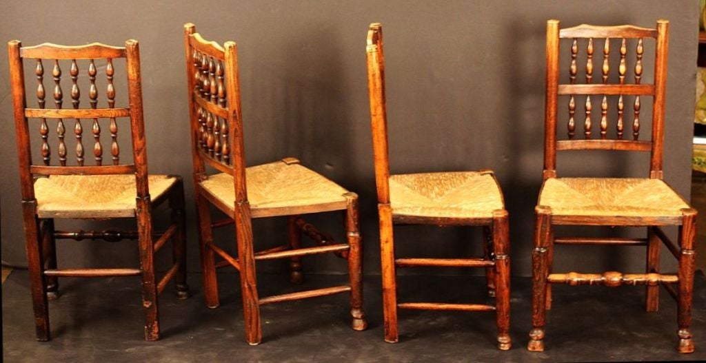 Wood Set of Four English Spindle-Back Rush Seat Chairs with Rush Seats