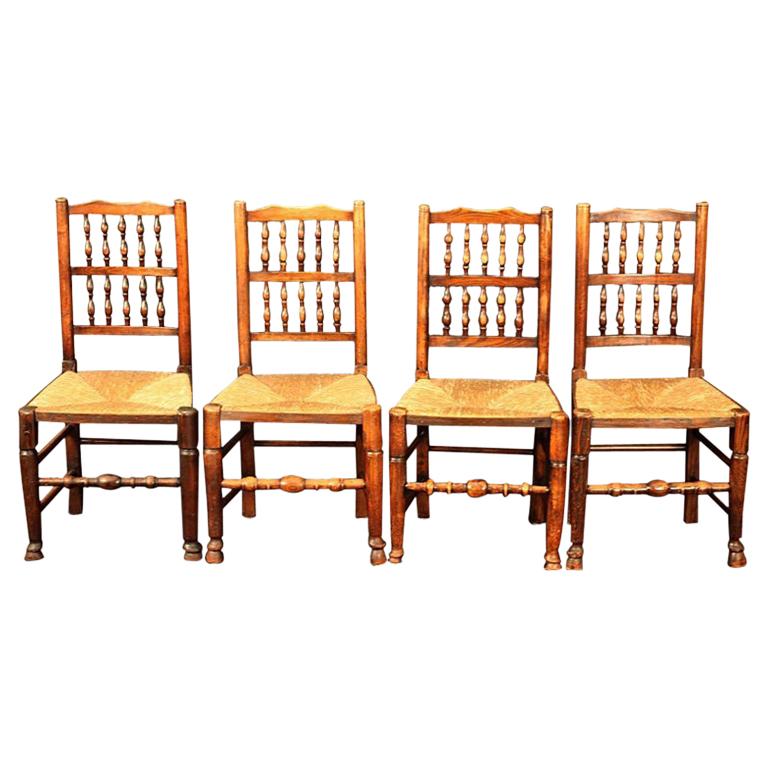 Set of Four English Spindle-Back Rush Seat Chairs with Rush Seats